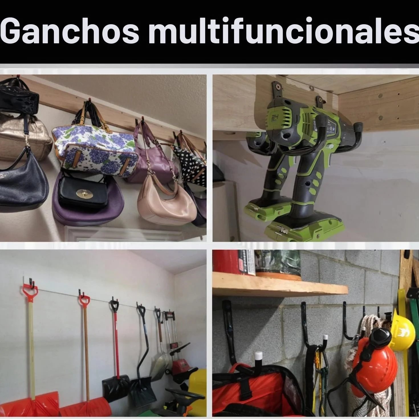 Ganchos de garaje, paquete de 6 ganchos de almacenamiento resistentes, ganchos de herramientas de jardín de 10,5 cm, ganchos de fijación para montaje en pared