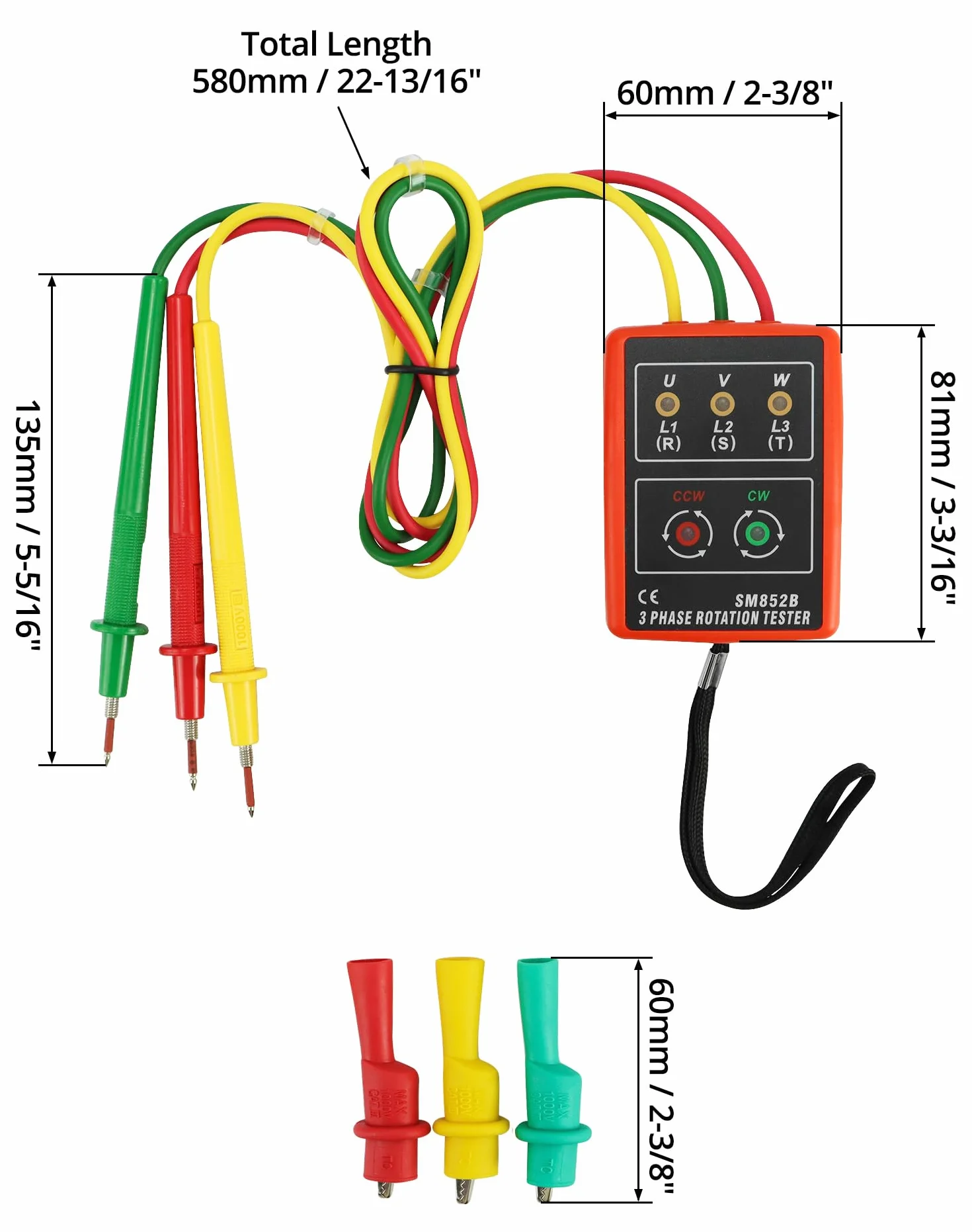 QWORK® Probador de fase, dispositivo de medición de campo giratorio para 3 fases, 60 V ~ 600 V CA, 20-400 Hz, con probador de zumbador y pinzas de cocodrilo