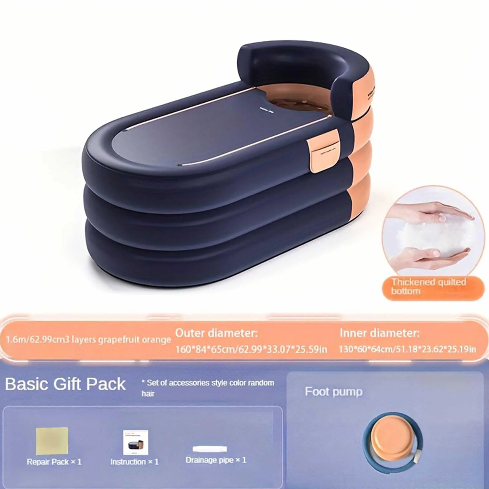 Bañera hinchable con respaldo trasero, bañera inflable plegable para adultos, 6 capas de acolchado de algodón con sistema de drenaje inferior y lateral para spa en casa