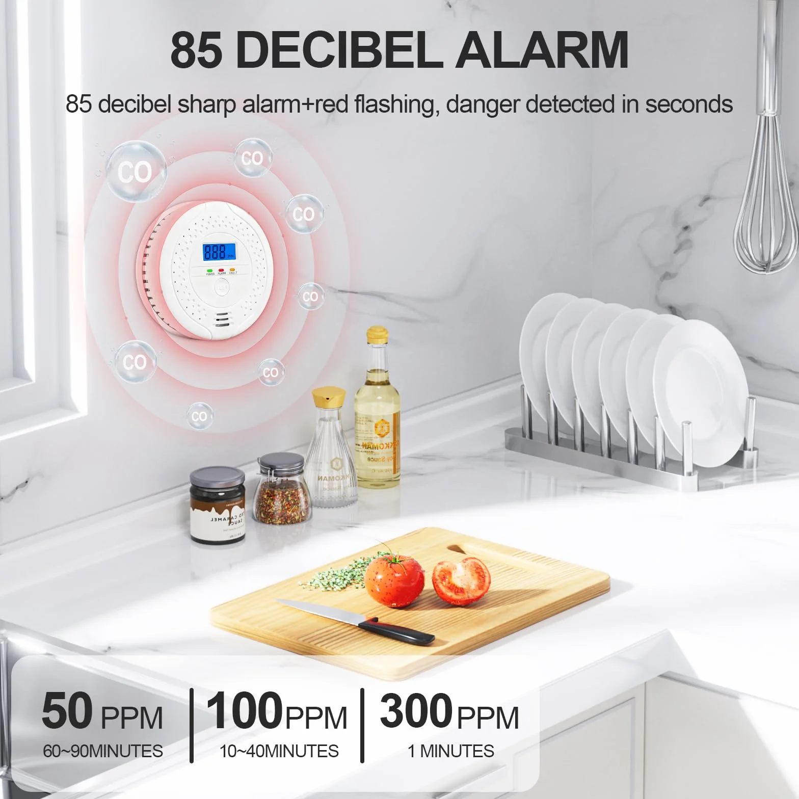 Detector de Monóxido de Carbono, Detector de CO, Pantalla LCD Digital, Alarma de 85 dB, Detector CO con Batería Reemplazable, Portátil para Hogar, Caravana, Viajes