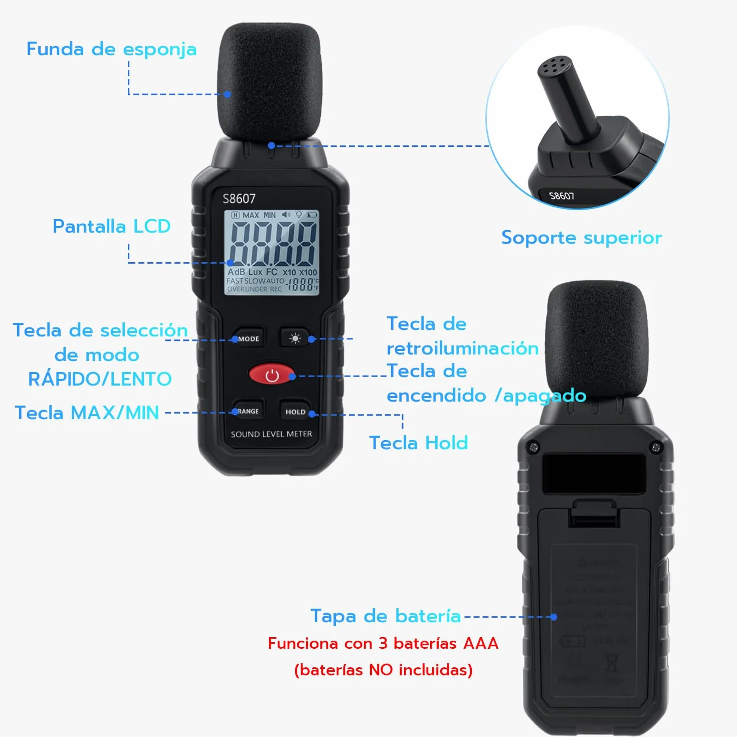 Mcbazel Medidor de Decibelios 30-130dB Pantalla LCD Retroiluminada Portátil