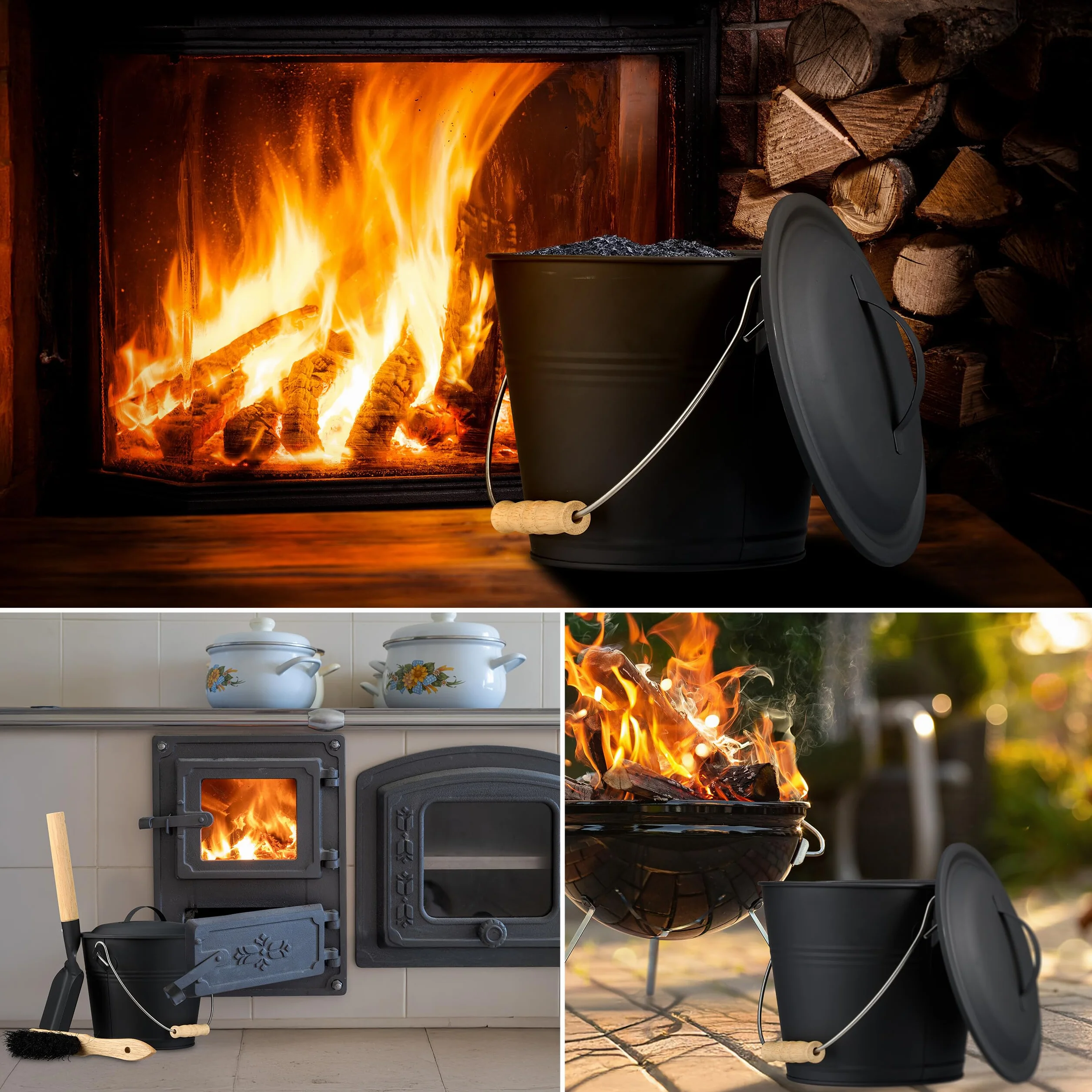 Relaxdays Cubo para Cenizas con Tapa y Set, 4,5 L, Incluye Cepillo y Recogedor, Contenedor de Carbón con Asa, Negro