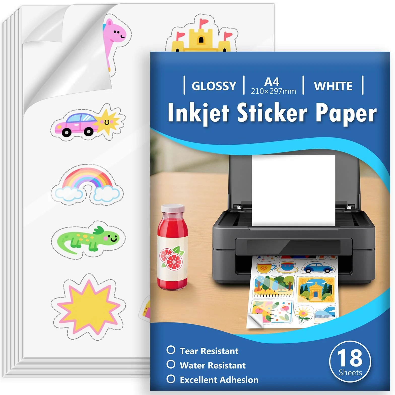 Euqvunn 18 Hojas Papel Pegatina A4 Vinilo Imprimible Adhesivo Blanco Lucido Impermeable 210x297mm