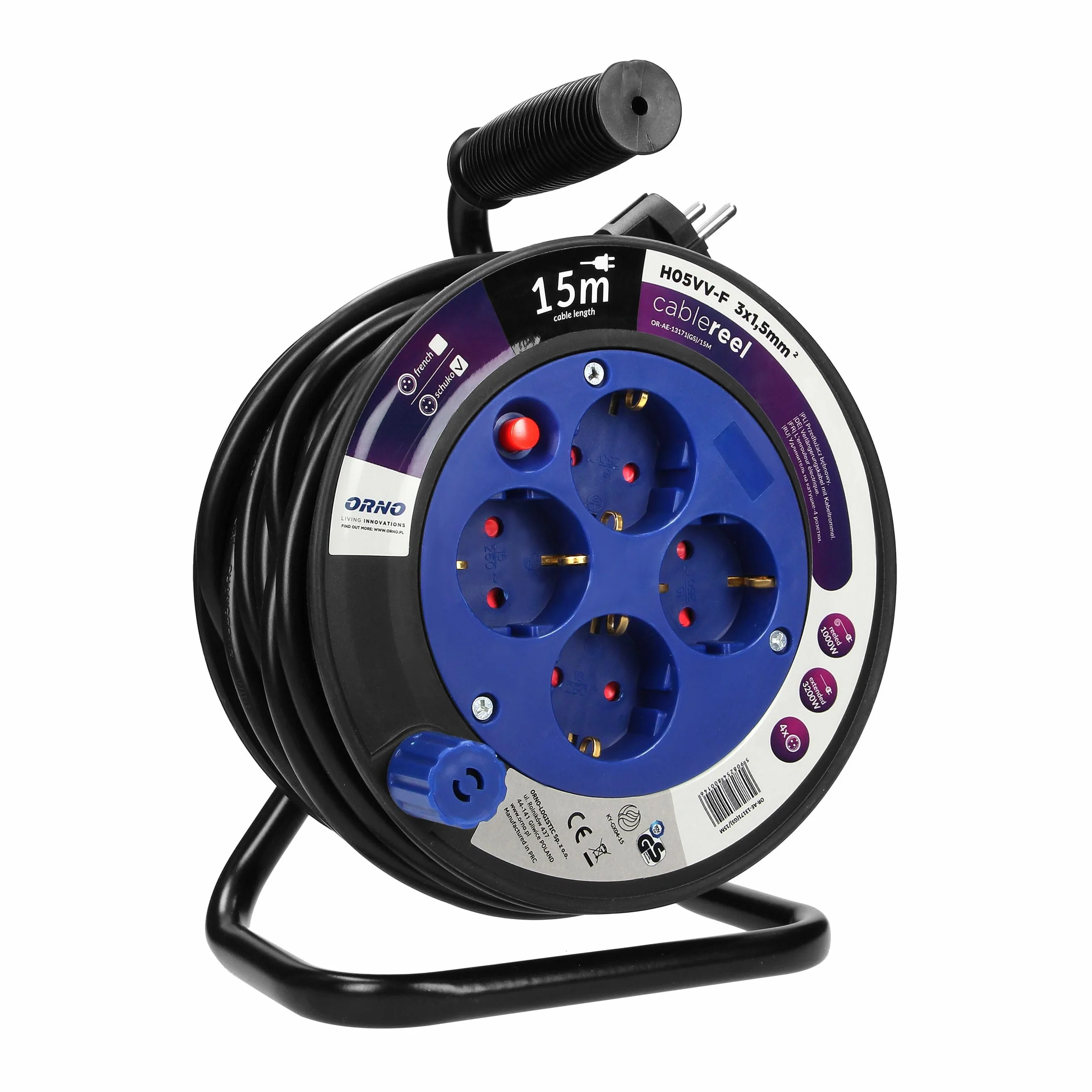 Enrollacables con 4 Tomas 2P+T (Schuko) - Alargador Enchufe - Extension Electrica - Carrete con Soporte Metálico, Cable H05VV-F 3x1,5mm² Longitud 15m
