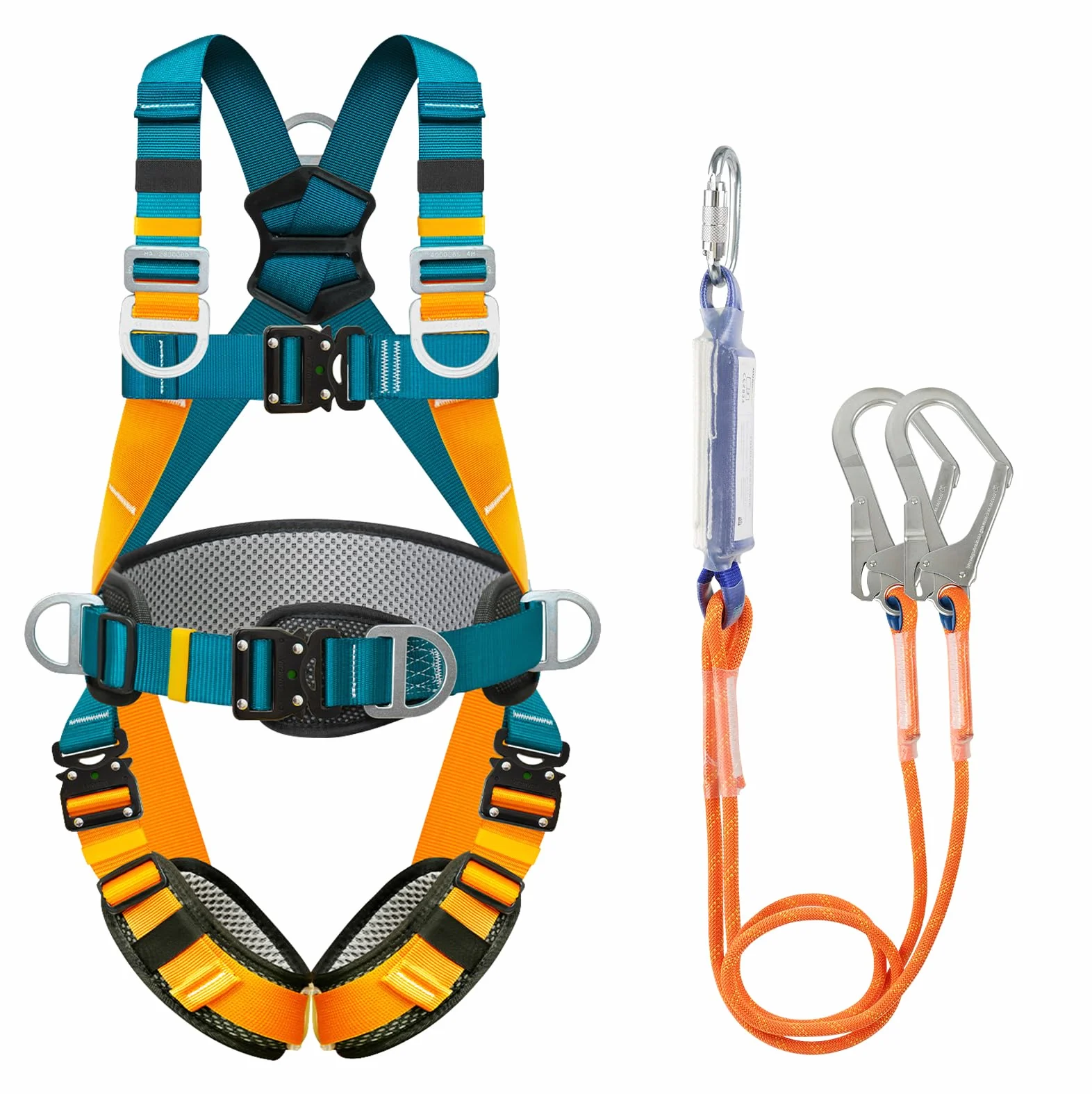 Arnes de seguridad trabajo en altura con cordones, arnes de protección anticaídas de seguridad, con 2 hebillas grandes y 2 cordones de 2 m, carga de 140 kg, para trabajos aéreos, escalada, hombres