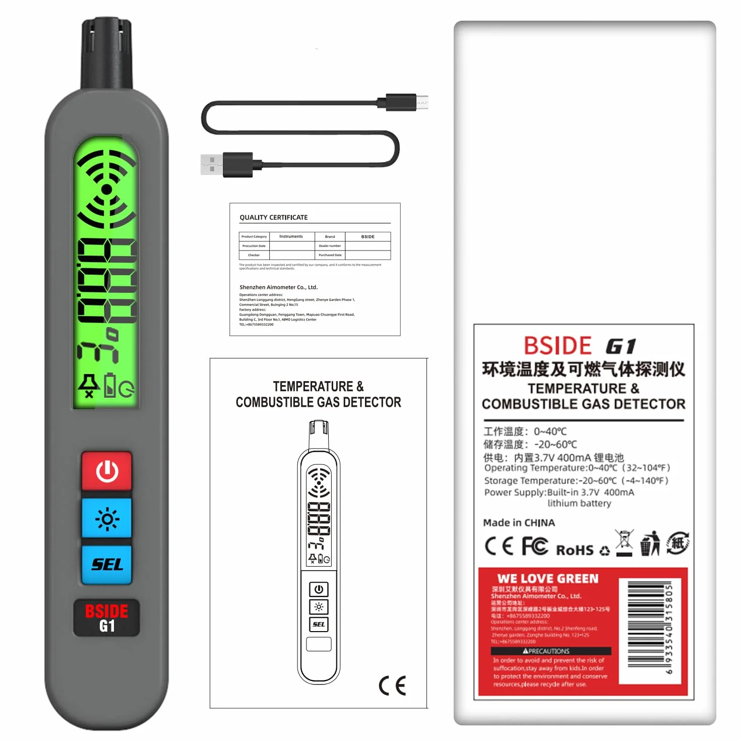 BSIDE Detector de Gas Recargable Detector de Fugas de Gas Natural con Gran LCD Alarma Visual & Zumbador & Vibración Bolígrafo Detector Multigas Portátil para Metano Propano Cocina Casa Autocaravana