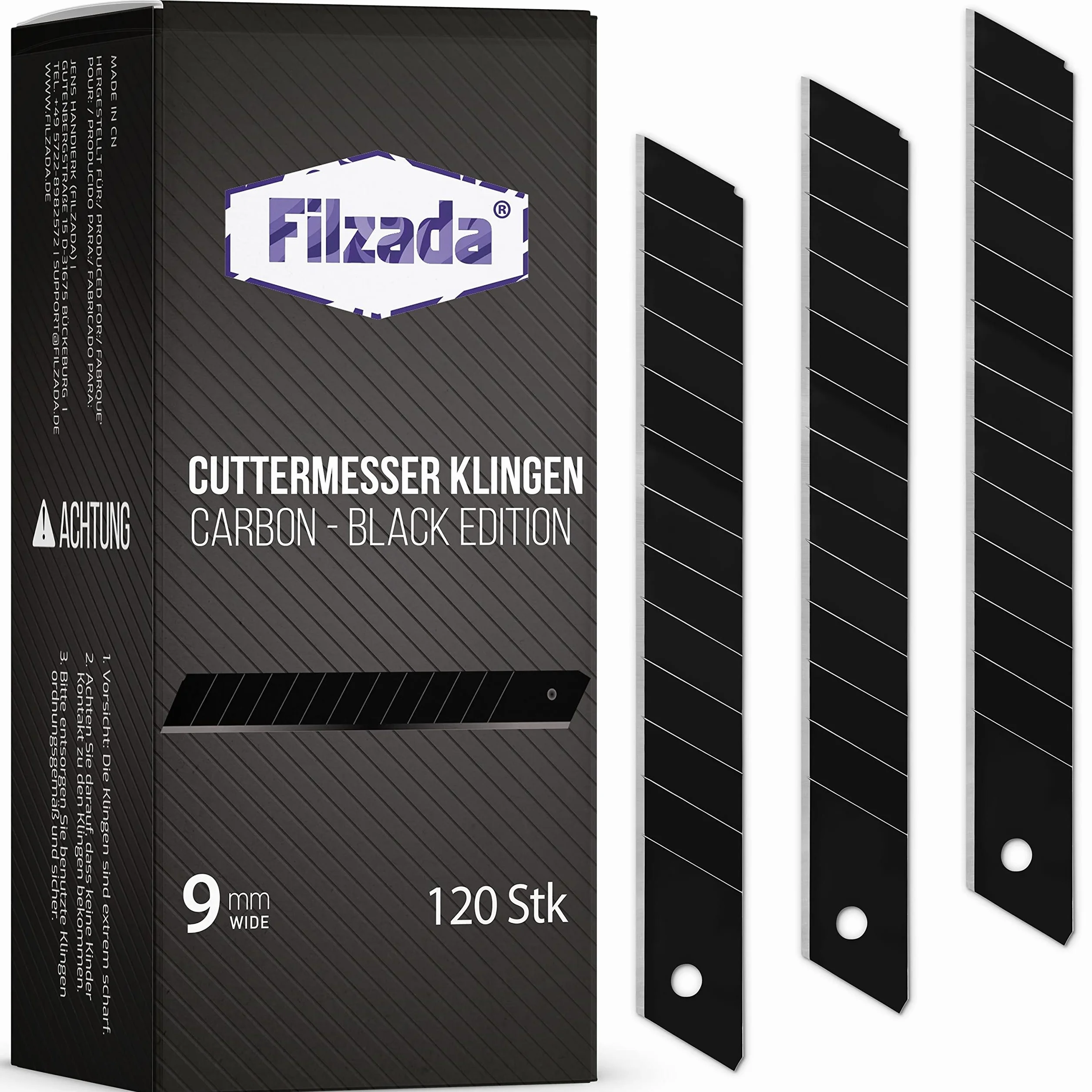 Filzada® 120x Cuchillas de repuesto para cuchillos de corte de 9mm NEGRO - Cuchillas ultra afiladas para alfombras - Cuchillas a presión para cuchillos de corte de 9mm