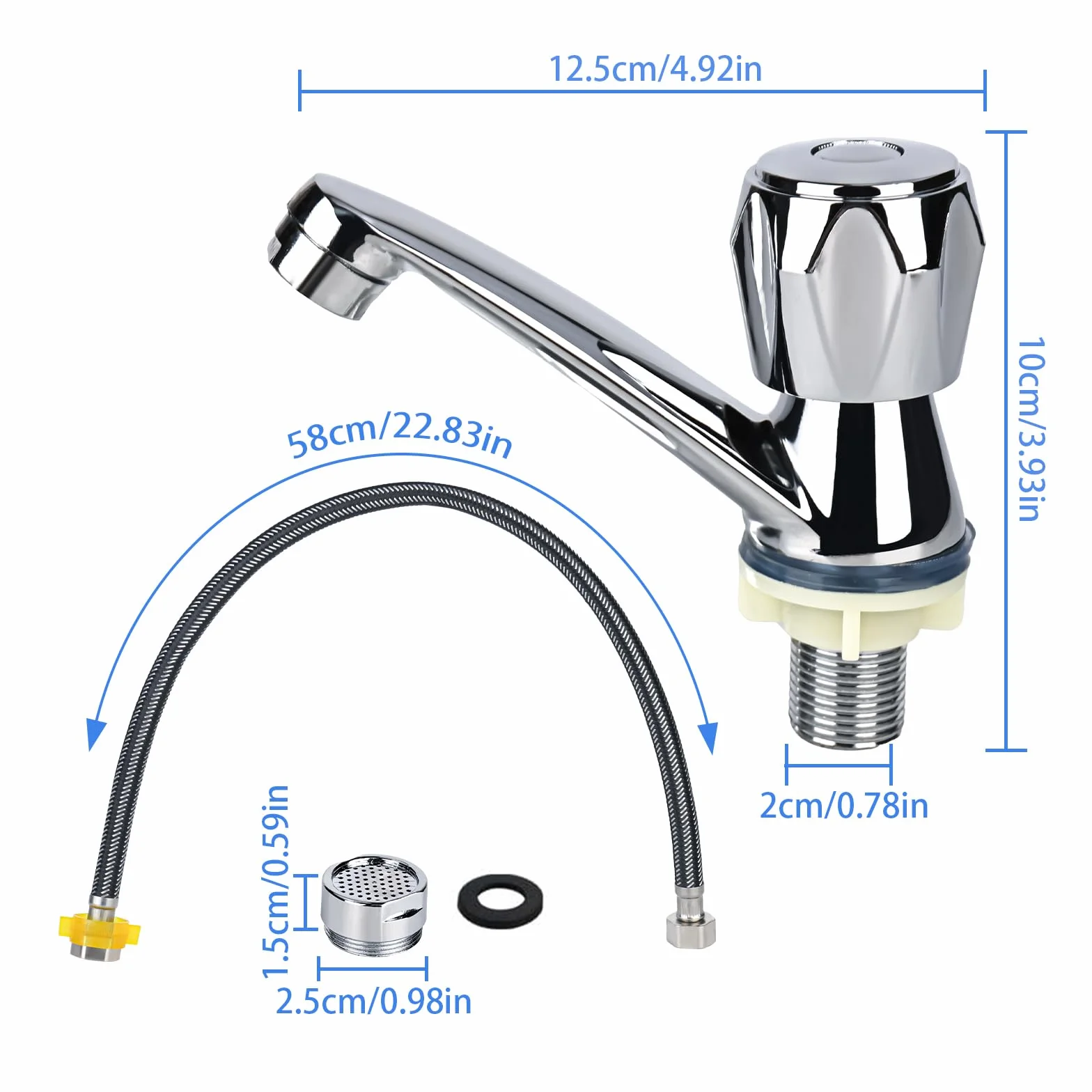 Grifo de baño simple de agua fría para lavabo, moderno grifo de lavabo cromado, grifo de baño de agua fría, grifo con manguera de conexión de 60 cm, grifo para lavabo y baño
