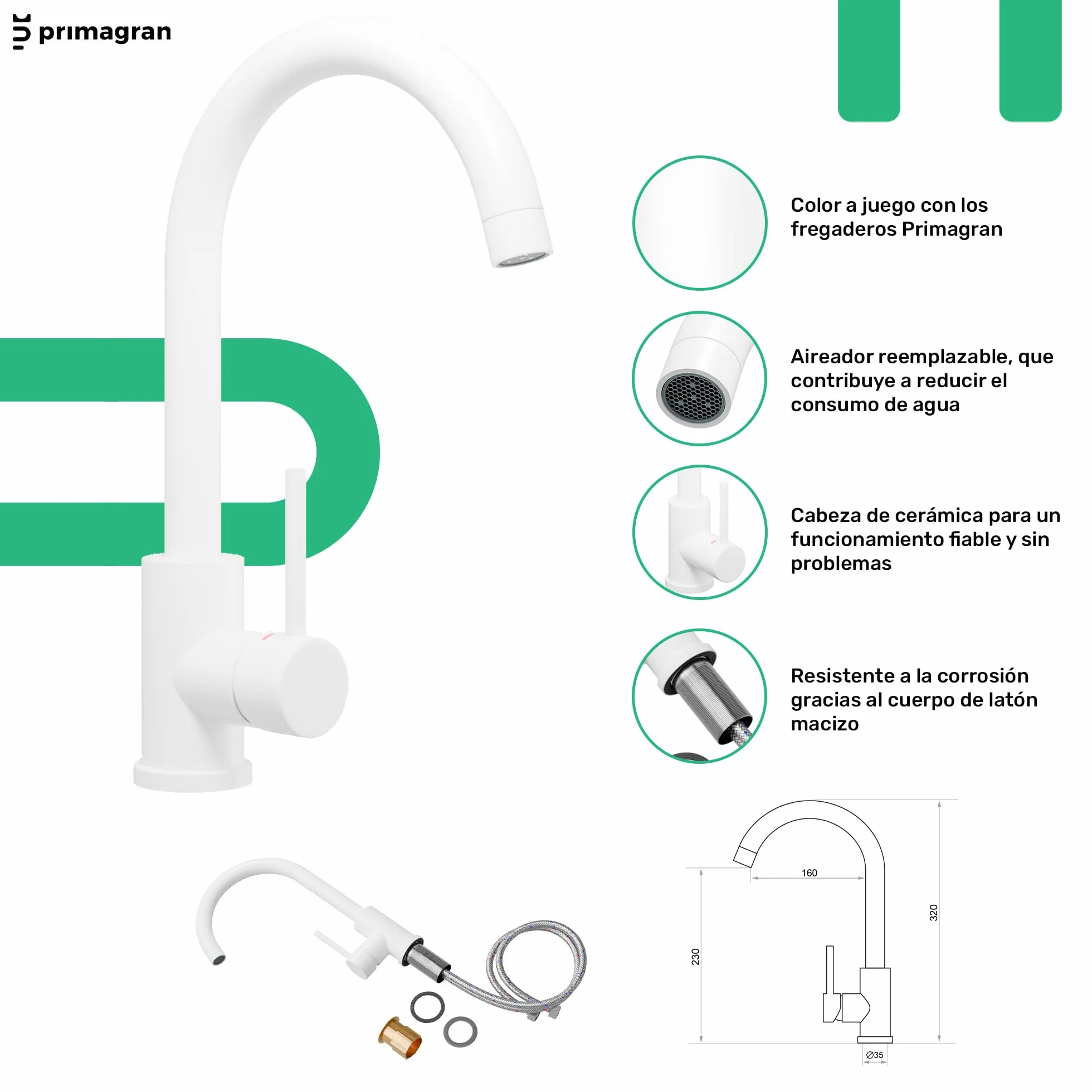 PRIMAGRAN Fregadero Granito Blanco 48x50cm, Cocina 1 Seno + Grifo 32x20cm + Sifón, Sobre Encimera al Mueble 50cm - Riga S227