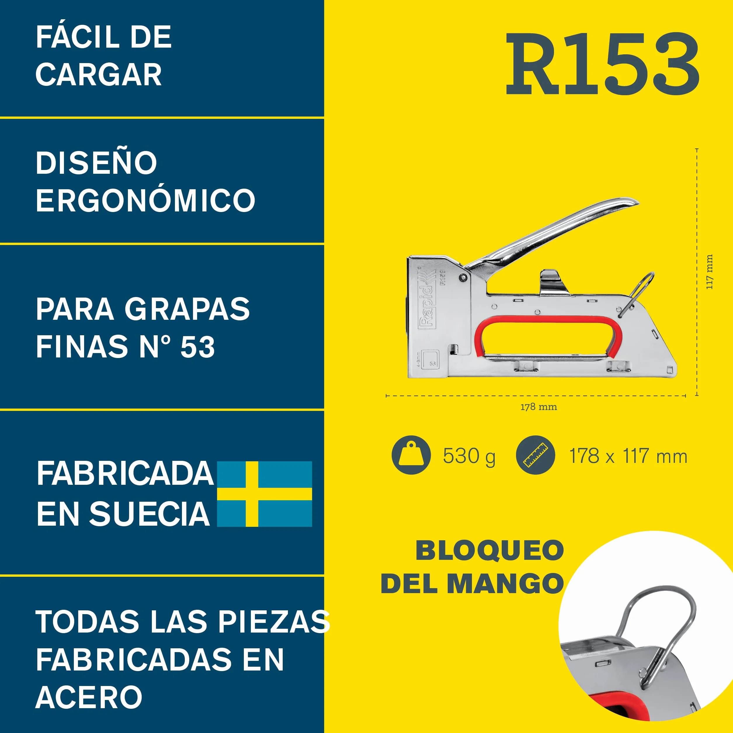 Rapid Grapadora Profesional Manual R153 PRO para Grapas No. 53, Grapadora para Tapicería con Empuñadura Ergonómica, 100% Acero, Sencillo Sistema de Carga, Fabricada en Suecia (5001665)