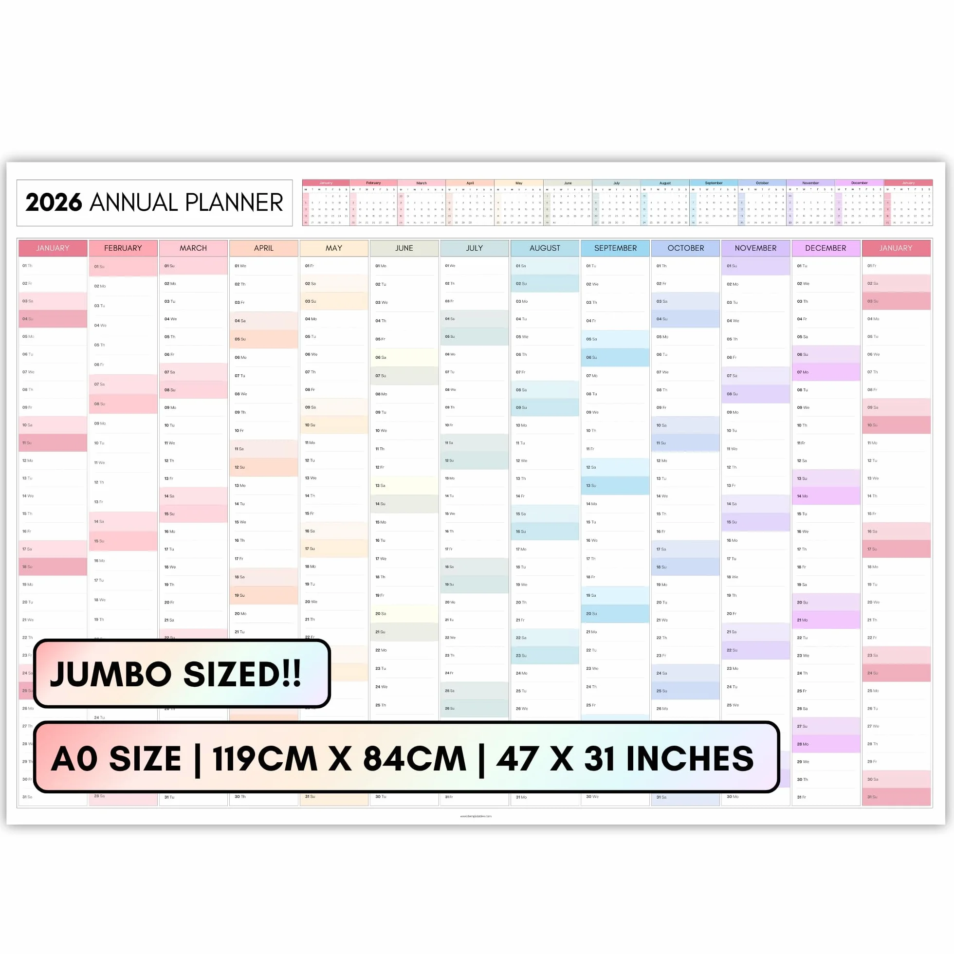 Planificador Mensual Gigante de Pared 2026 A0 119x84 cm Doble Lado Arcoíris Calendario Anual Oficina