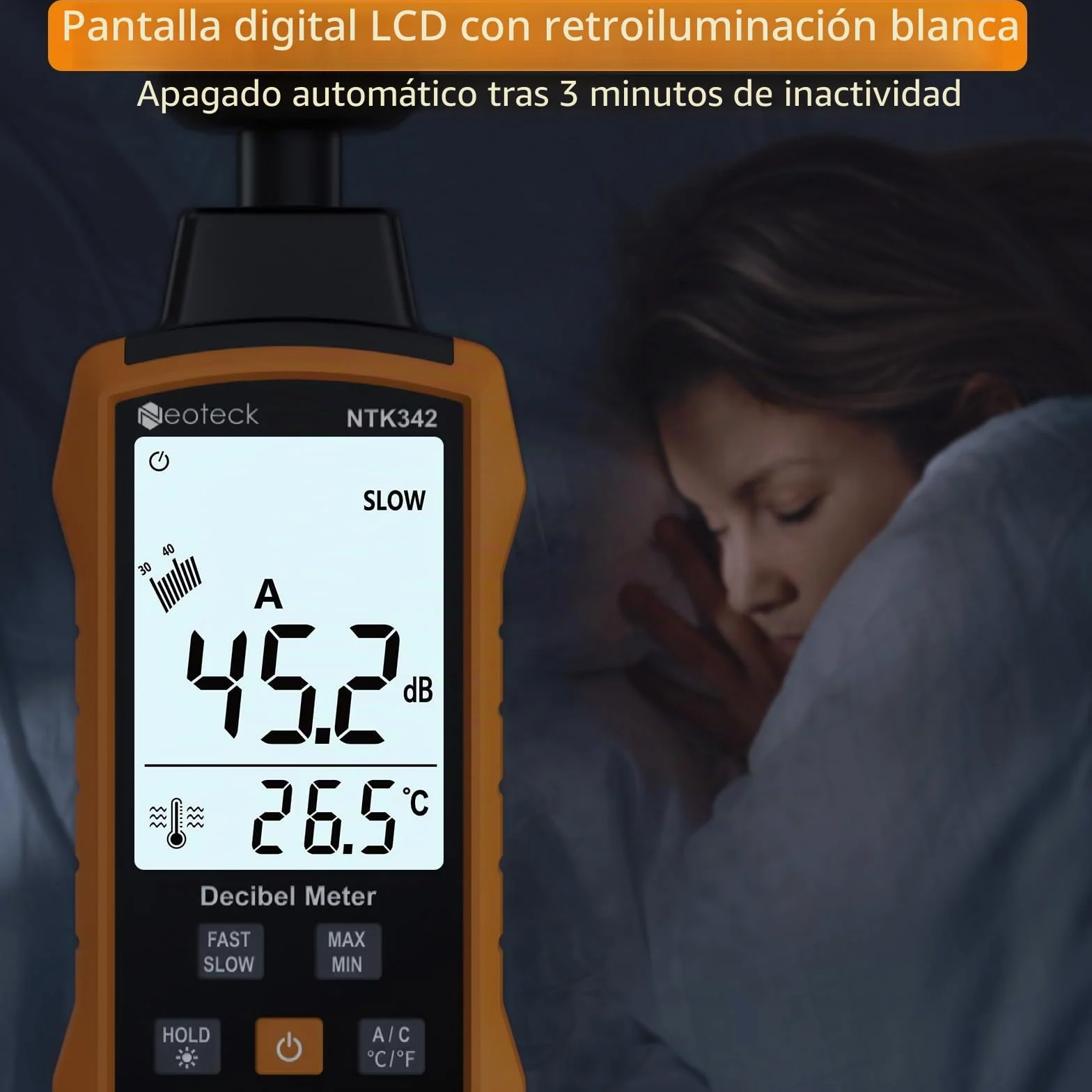 Neoteck Medidor Decibelios 30-130dB Medidor Portátil db con Ponderación A/C Sonometro con Pantalla Retroiluminada Blanca,MÁX/MÍN,Retención de Datos Sonometro para Hogar Oficina Fábrica