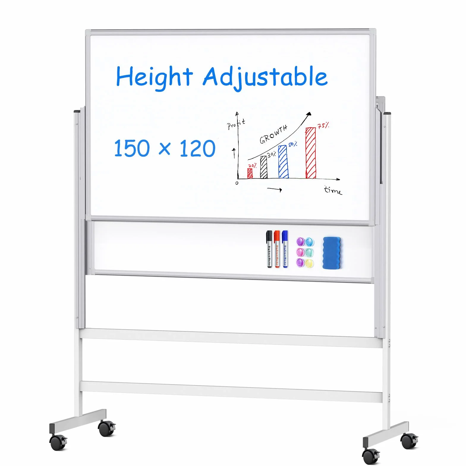 Maxtek Pizarra Blanca Móvil Regulable en Altura 150×120 cm, Doble Cara Magnética 120×75 cm, Whiteboard con Ruedas Marco Aluminio