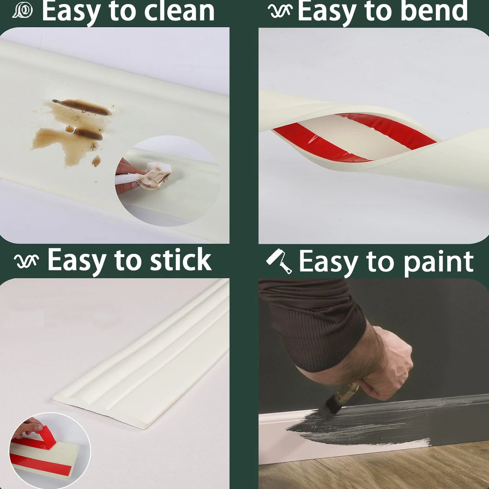 Borde de zócalo endurecido mejorado | Base de pared de vinilo de diseño autoadhesivo despegar y pegar | Tiras de calafateo y moldura para piso, guardasilla y más, 5 m x 98 mm