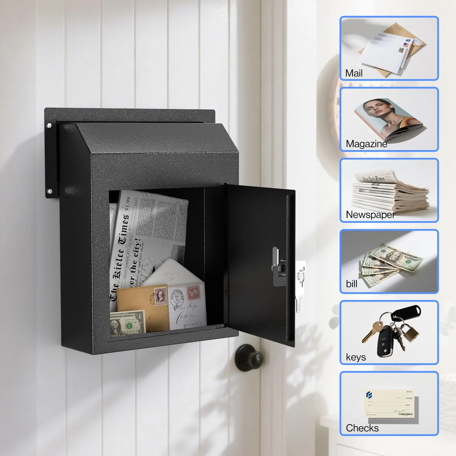 Pochar Buzón Resistente a la Lluvia para Puerta, buzón de Acero galvanizado Resistente a la Intemperie para Llaves, depósito, Pago, Correos – Buzón de Correo a través de la Puerta (Negro)