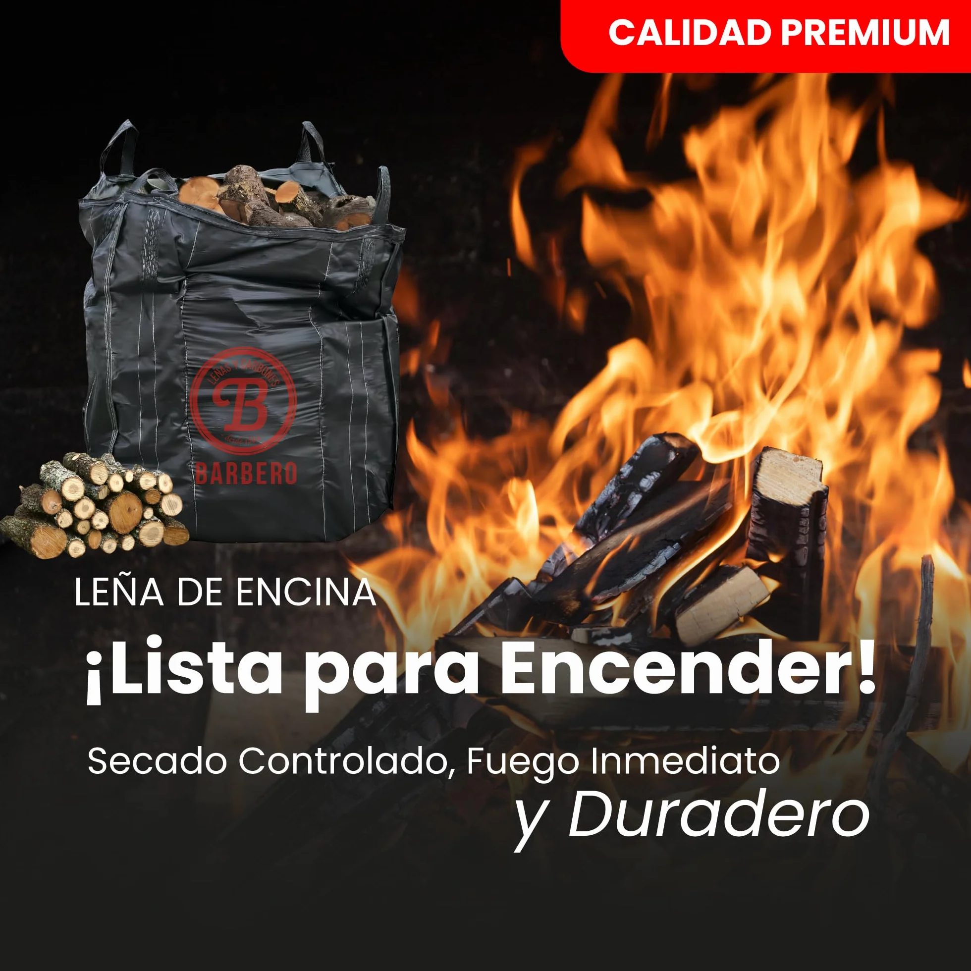 Leña Encina Big Bag 600kg Madera Dura Natural Alta Densidad Calor Intenso Combustión Lenta Ideal Chimenea Estufa Caldera Restaurantes Casas Rurales Bajo Humedad Entrega Volumen Fuego Constante