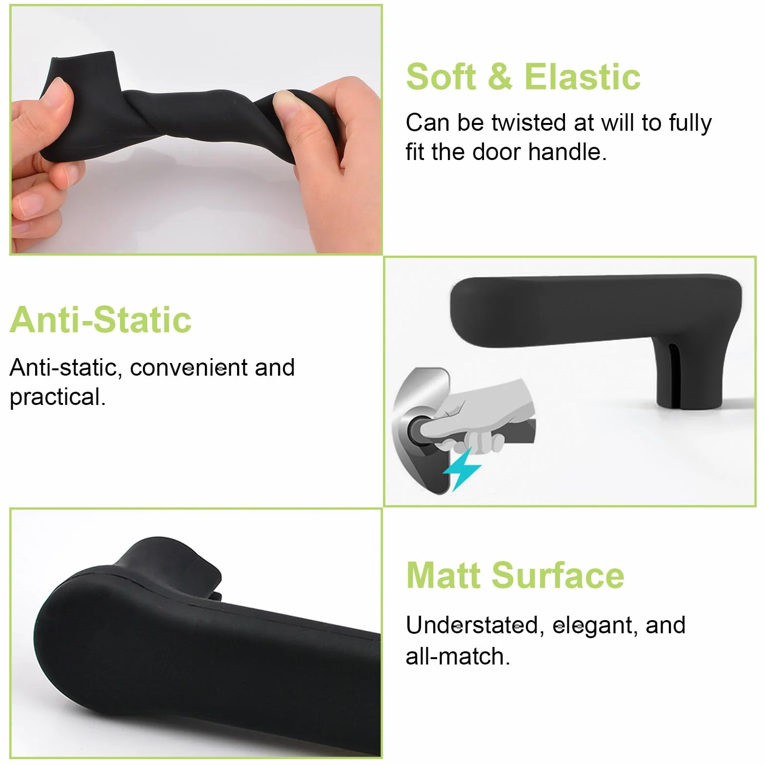 Fundas para manijas de puerta, 10 unidades, color negro mate, fundas de silicona para manillas de puerta antiestáticas, protector de perilla de puerta para palancas de puerta cuadradas planas