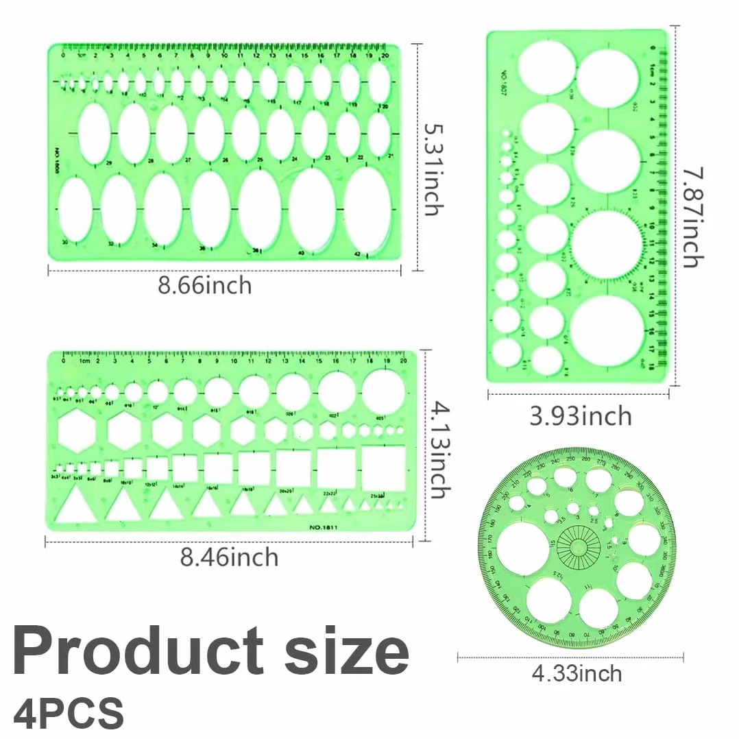 Plantillas Para Dibujar, Plantilla Círculos, Reglas Dibujo Técnico, Plantilla Elipses Isométricas, para Medir Reglas Círculo Geométrico Plantillas de Dibujo 4pcs (Verde Transparente)