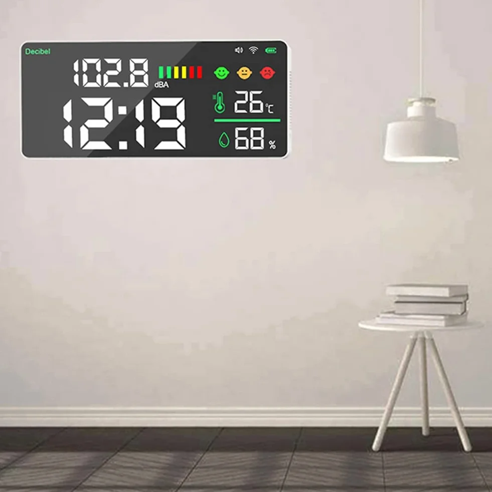 Tuya WiFi Medidor de Decibelios Digital Montado en la Pared Inteligente con Monitor de Temperatura y Humedad Pantalla LED Grande