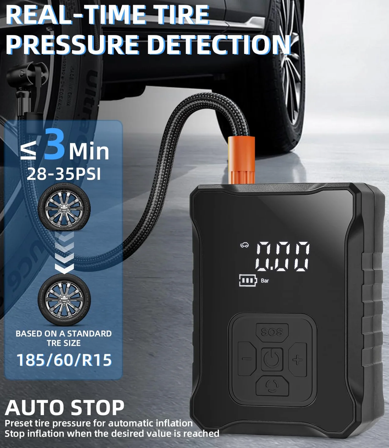 Hinchador de aire eléctrica, mini compresor de aire de 150 PSI Bomba de bicicleta eléctrica con pantalla LED digital Luz LED Compresor de batería de 3600 mAh para automóvil, bicicleta, motocicleta, b