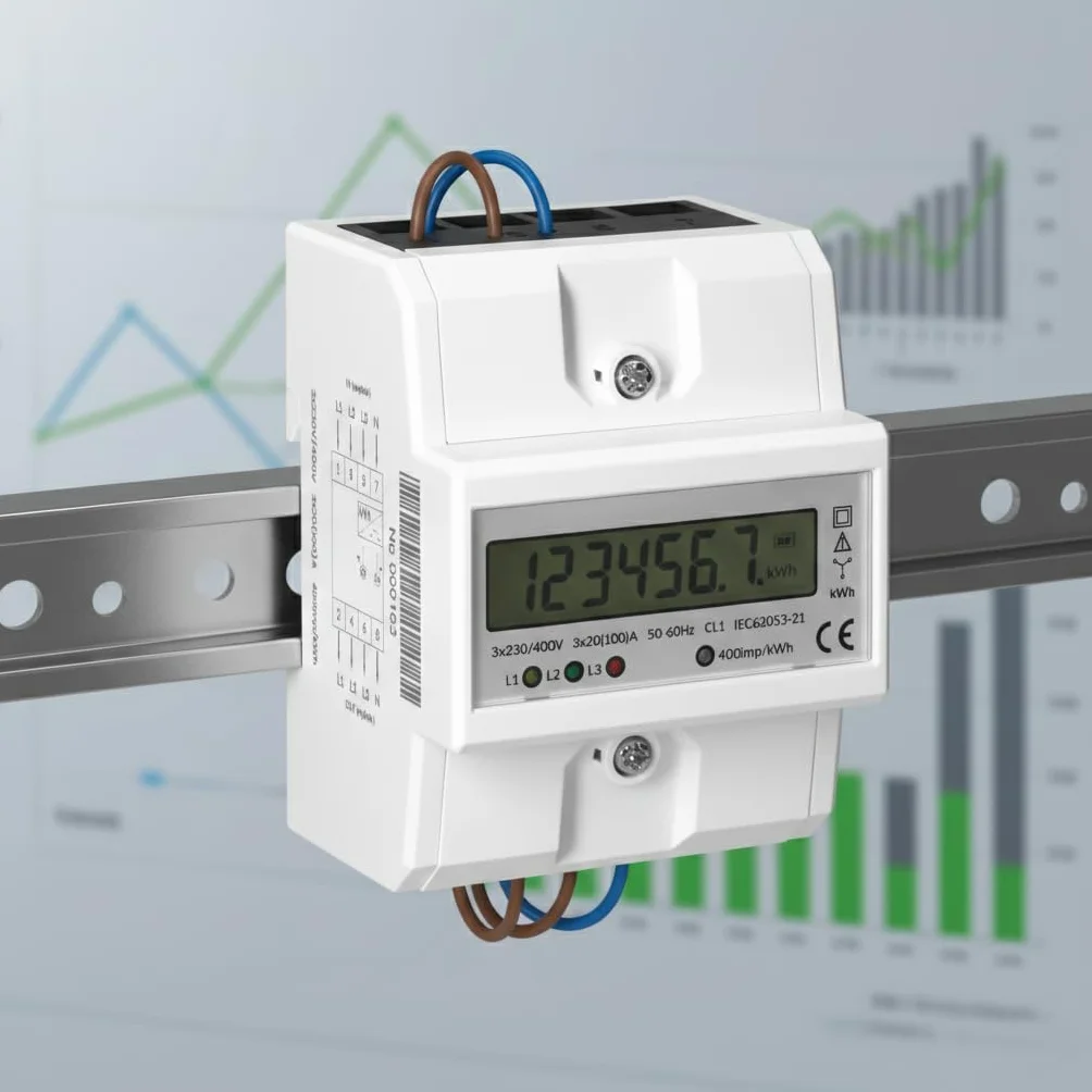 Indicador Medidor de Energia Trifasico 3x230/400 V - 100A Medidor De Consumo Electrico Montaje Carril DIN TH-35mm, Protección IP51
