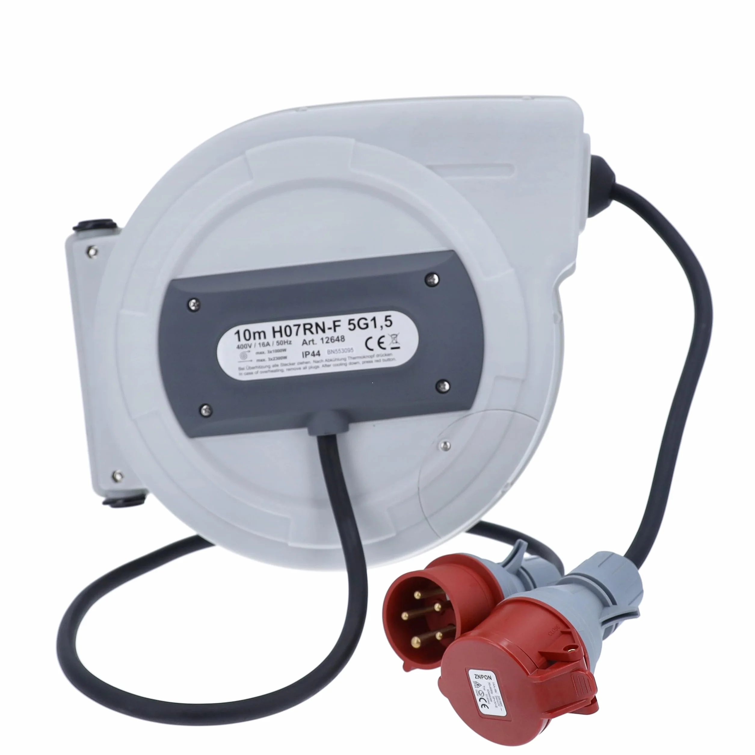 as - Schwabe enrollacables automático CEE 15 m, 180° giratorio, montaje pared o techo, desmontable uso móvil, 400 V, 16 A, 5 polos, IP44 exterior