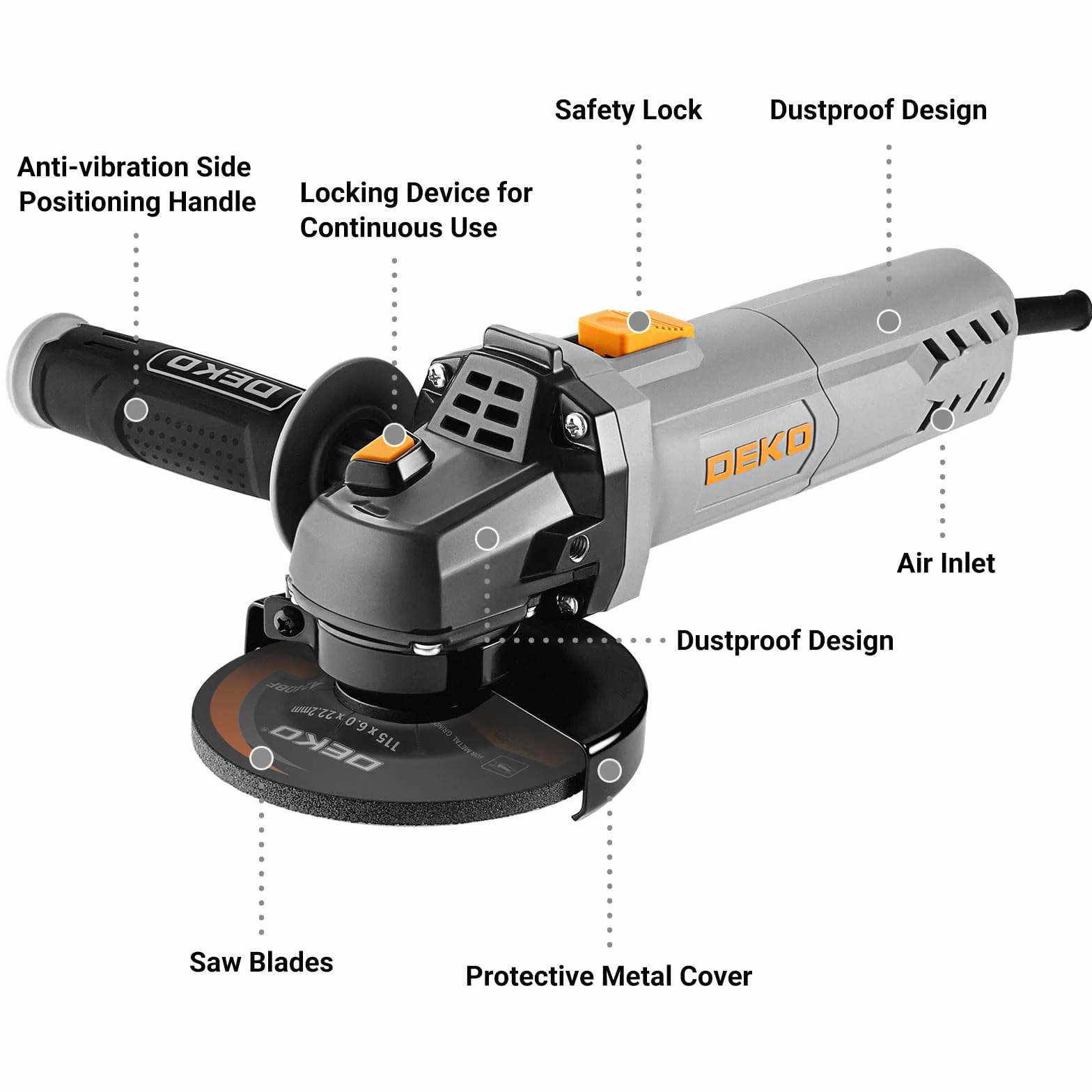 Amoladora Angular, DEKOPRO 115mm 750W Amoladora Angular Eléctrica con cable,12.000 RPM, para cortar, amolar, pulir y lijar, con 2 Discos de Amolar y 1 Disco de Cortar
