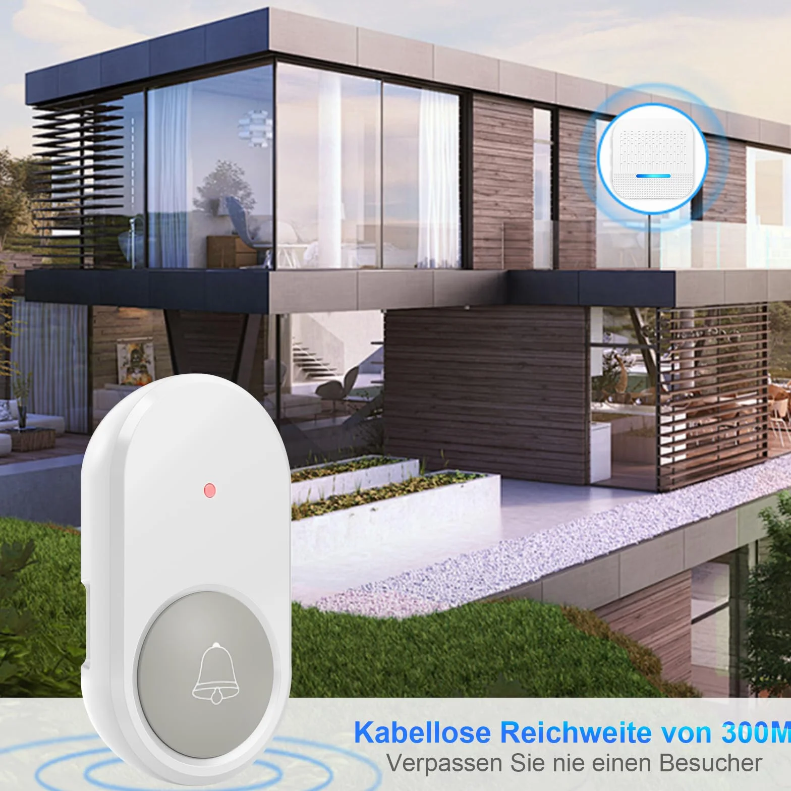 SURFOU Timbre Inalámbrico Exterior Impermeable con Batería 300M de Distancia e Enchufe Receptores Timbre para Casa 55 Tonos Incluidos de Navidad 5 Niveles de Volumen e Indicador LED, Blanco