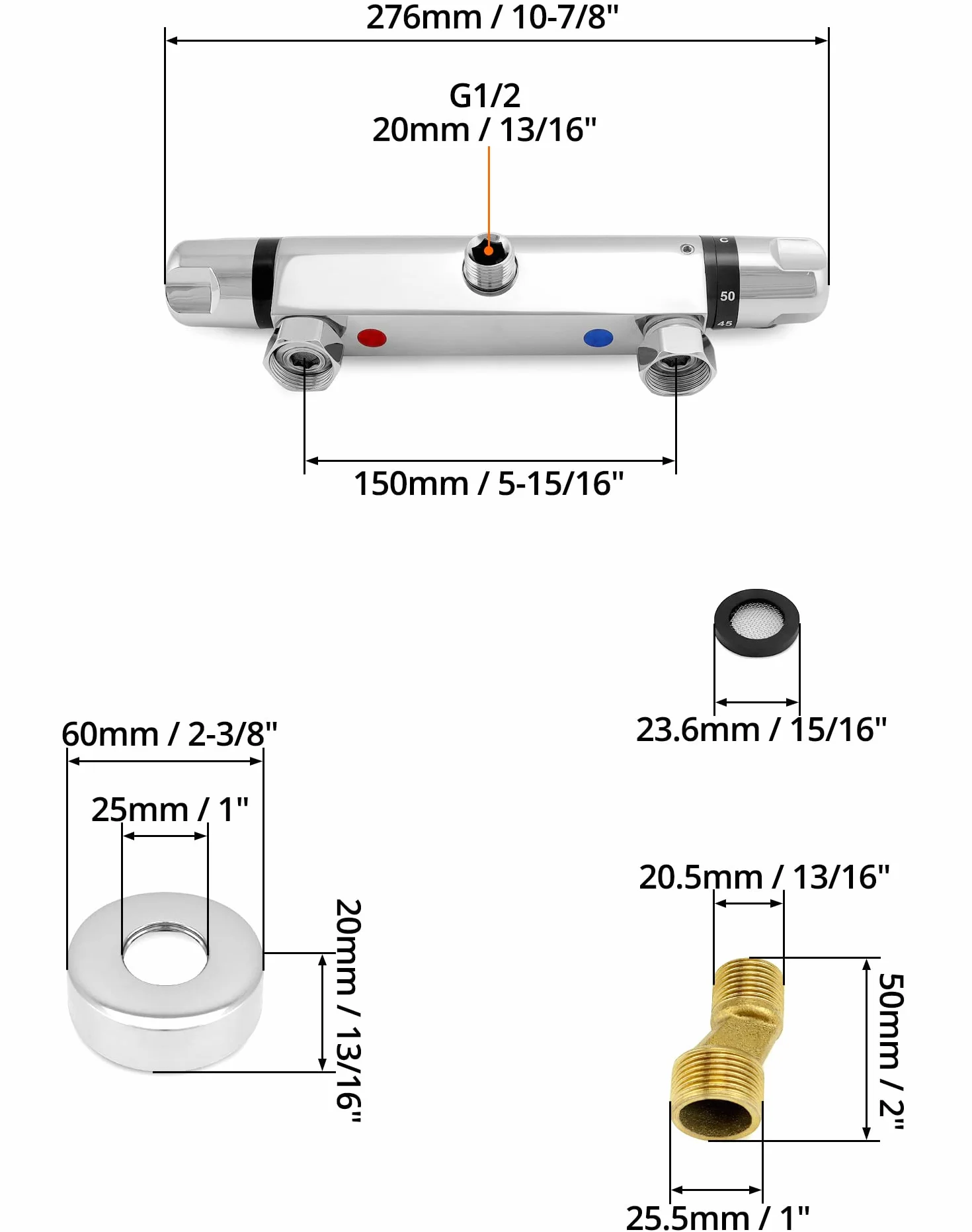 QWORK grifo ducha termostatico, salida de válvula G1/2 ", izquierda caliente derecha fría, mezclador de ducha de latón, control de temperatura constante para baño