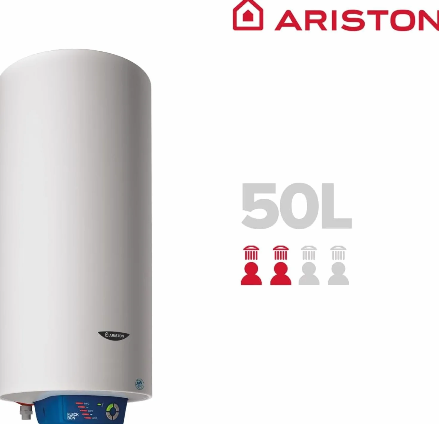 Ariston, Fleck Bon - Termo Eléctrico 50 Litros, Calentador de Agua Eléctrico Horizontal/Vertical Seguro y Eficiente 35.3x38x85.5cm, Calentadores para Instalación en España - Eficiencia B, Rango (A+/F)