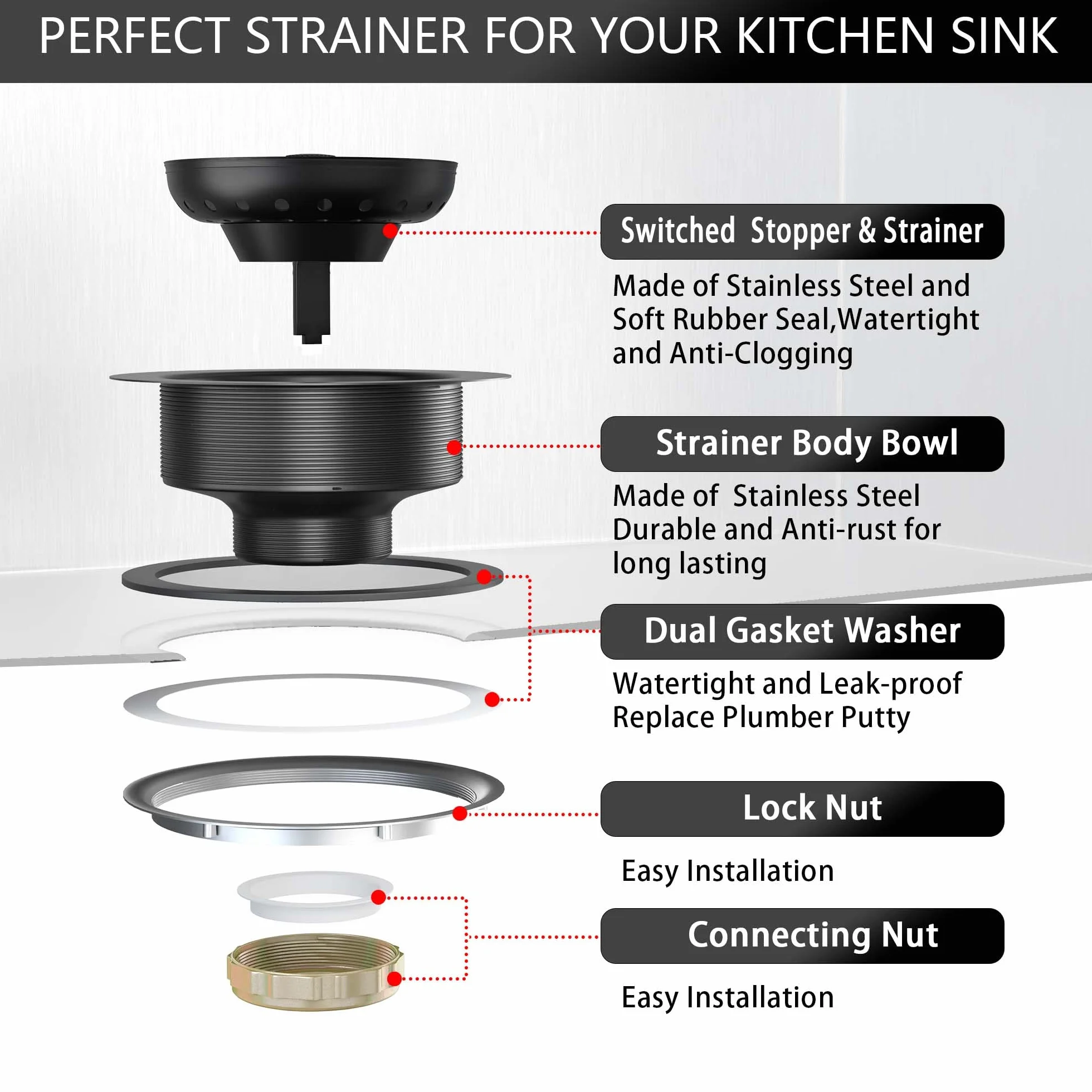 Kit de Montaje de colador de Fregadero de Cocina Negro Mate de 3-1/2 Pulgadas con Cesta coladora y tapón de Drenaje para Fregadero de Cocina estándar, Acero Inoxidable