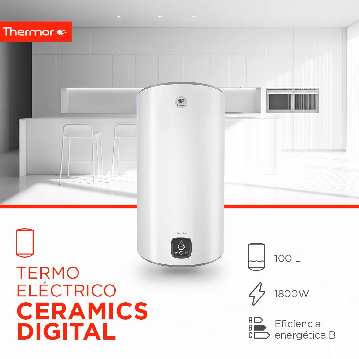 Thermor - Termo Eléctrico Ceramics Digital - Calentador de Agua Eléctrico Vertical de 100 L - 1800W - Resistencia Cerámica Antical - Fácil Instalación - Fabricado para instalación en España