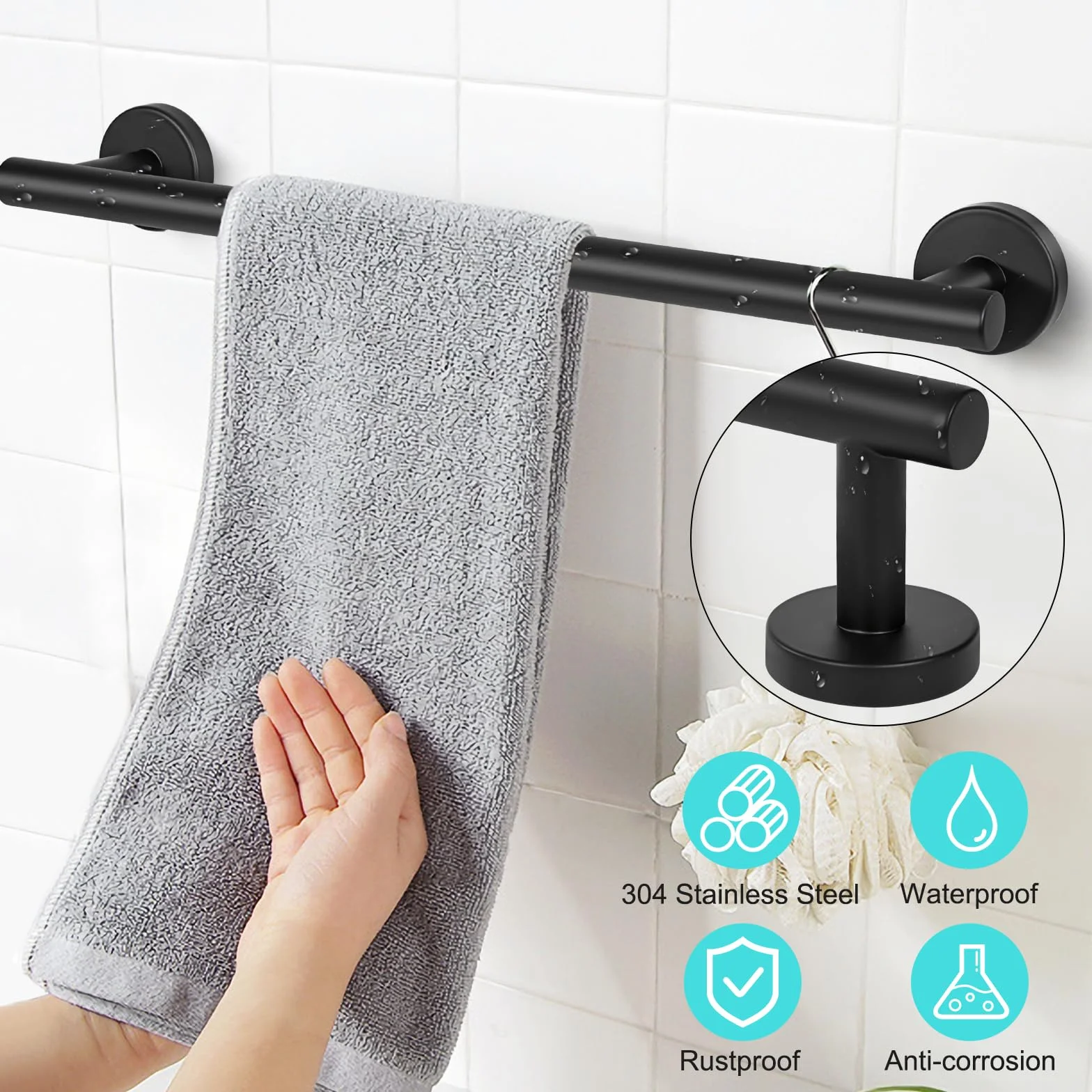 Toallero Montado en la Pared Acabado Cepillado de Acero Inoxidable 304 Pequeño Soporte de Toalla para Baño y Cocina 40cm (Negro)