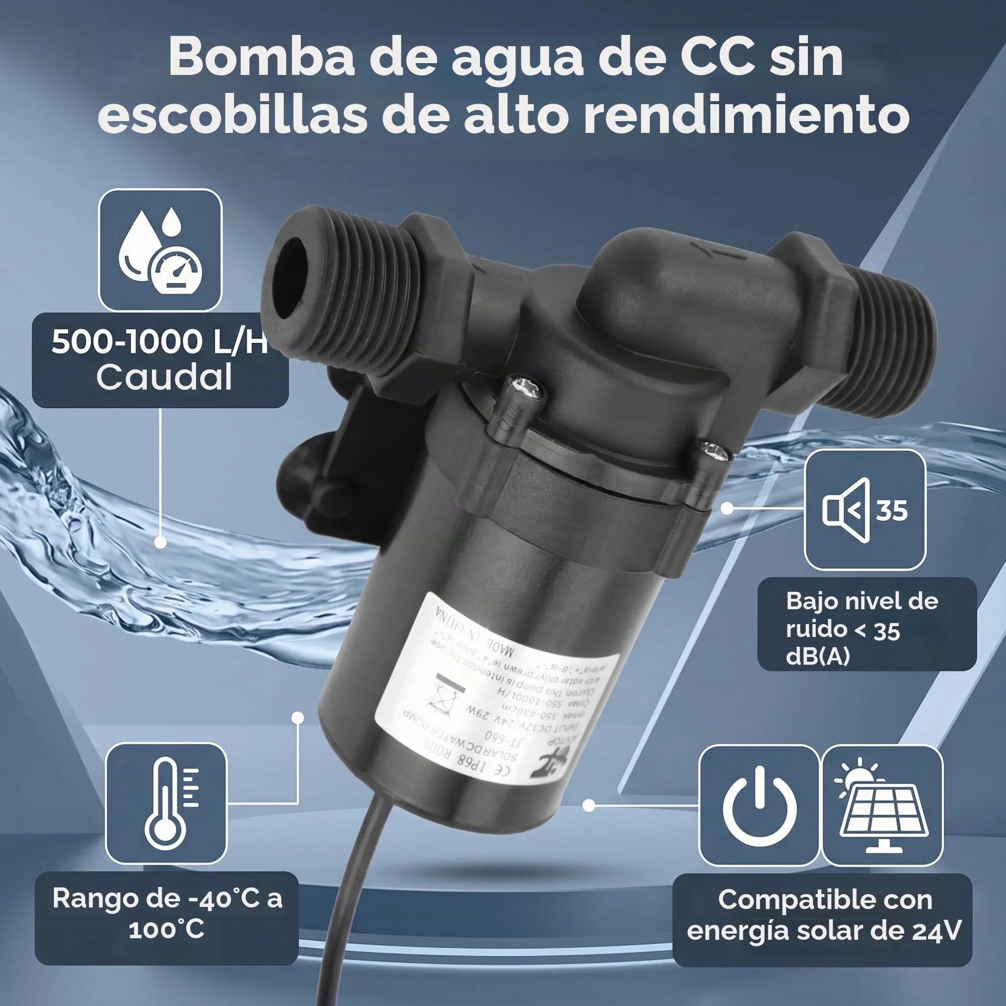 JT-660D-24 Bomba de Agua sin Escobillas de 24V DC, Bomba de Agua Sumergible Ecológica de Bajo Ruido para Calentador de Agua Solar