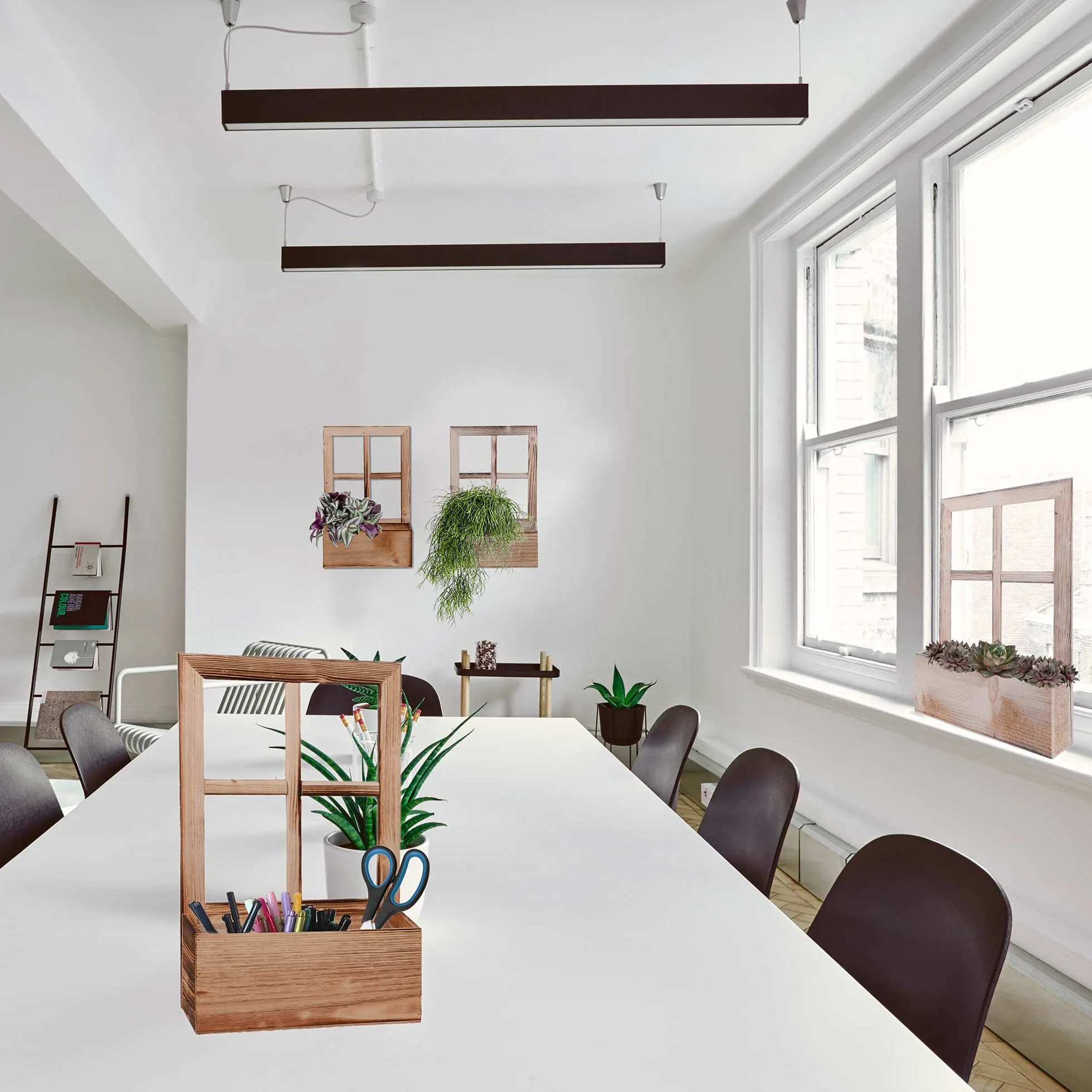 UNUS Ventana de madera con banco de plantas, decoración de madera envejecida flameada, 2 unidades