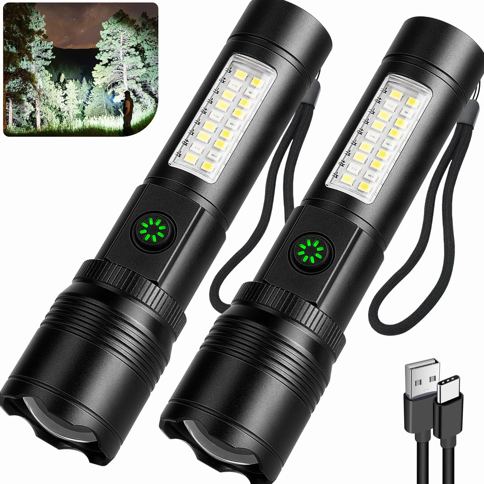 azamine Linternas recargables de alto lúmenes, 90000 lúmenes, luz de flash súper brillante con 6 modos, linterna LED de mano potente ajustable para acampar en casa