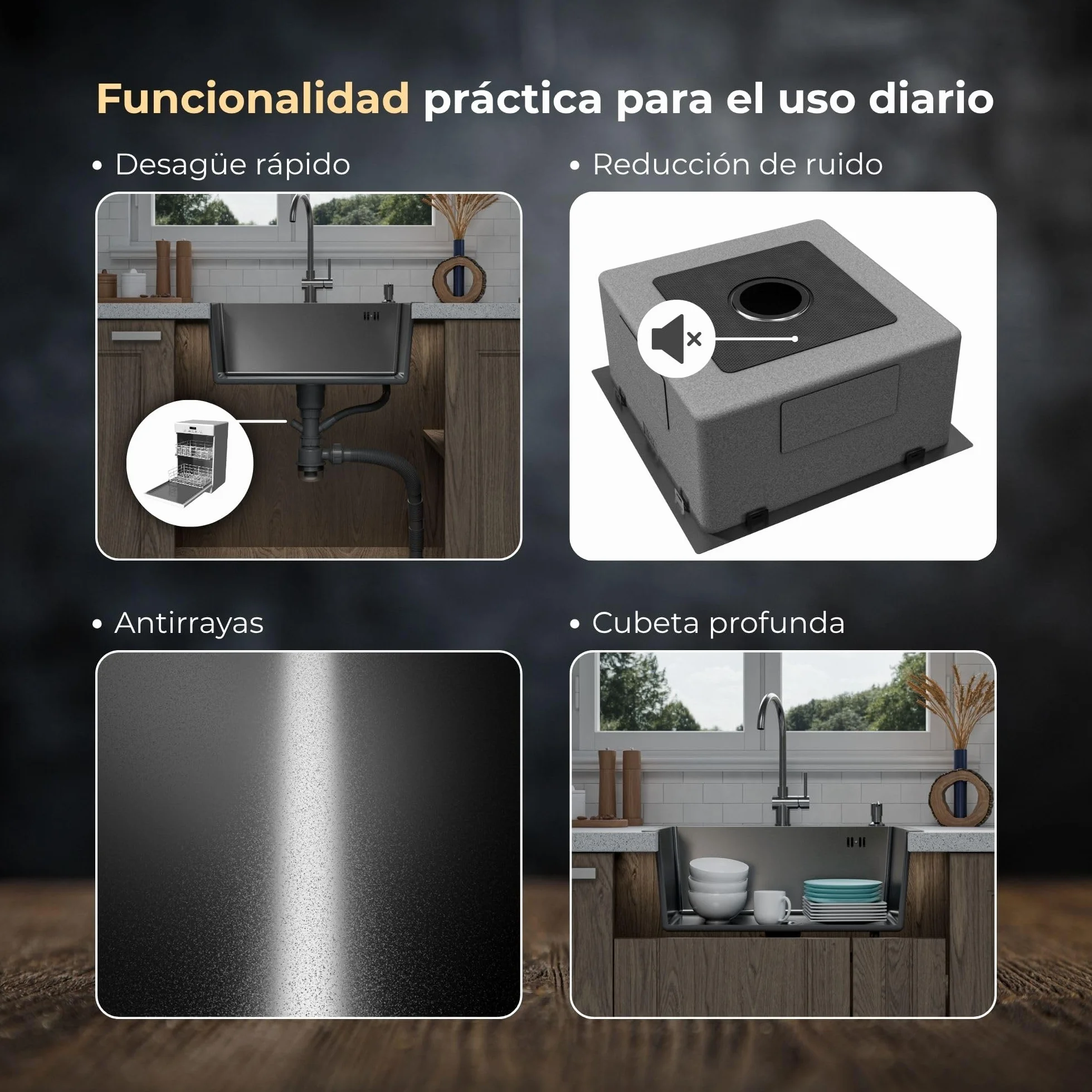 ANW HOME Fregadero Cocina 1 Seno, Acero Inoxidable 60x45 cm, Fregadero sobre Encimera Grafito PVD con Superficie Nano, Grosor 3,0+1 mm, con Sifón Dosificador de Jabón y Cesta