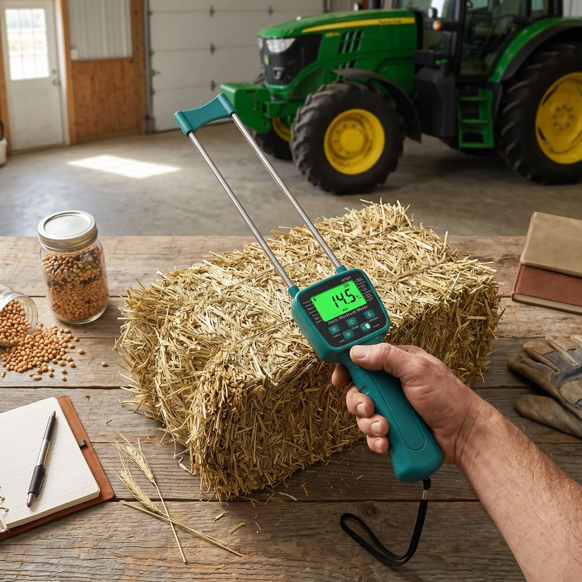 Ausla Medidor de Humedad para Granos, Pantalla LCD con Retroiluminación Sonda Doble Varilla Acero Transmisión Voz en Tiempo Real para Trigo Maíz Arroz Soja y 14 Cultivos