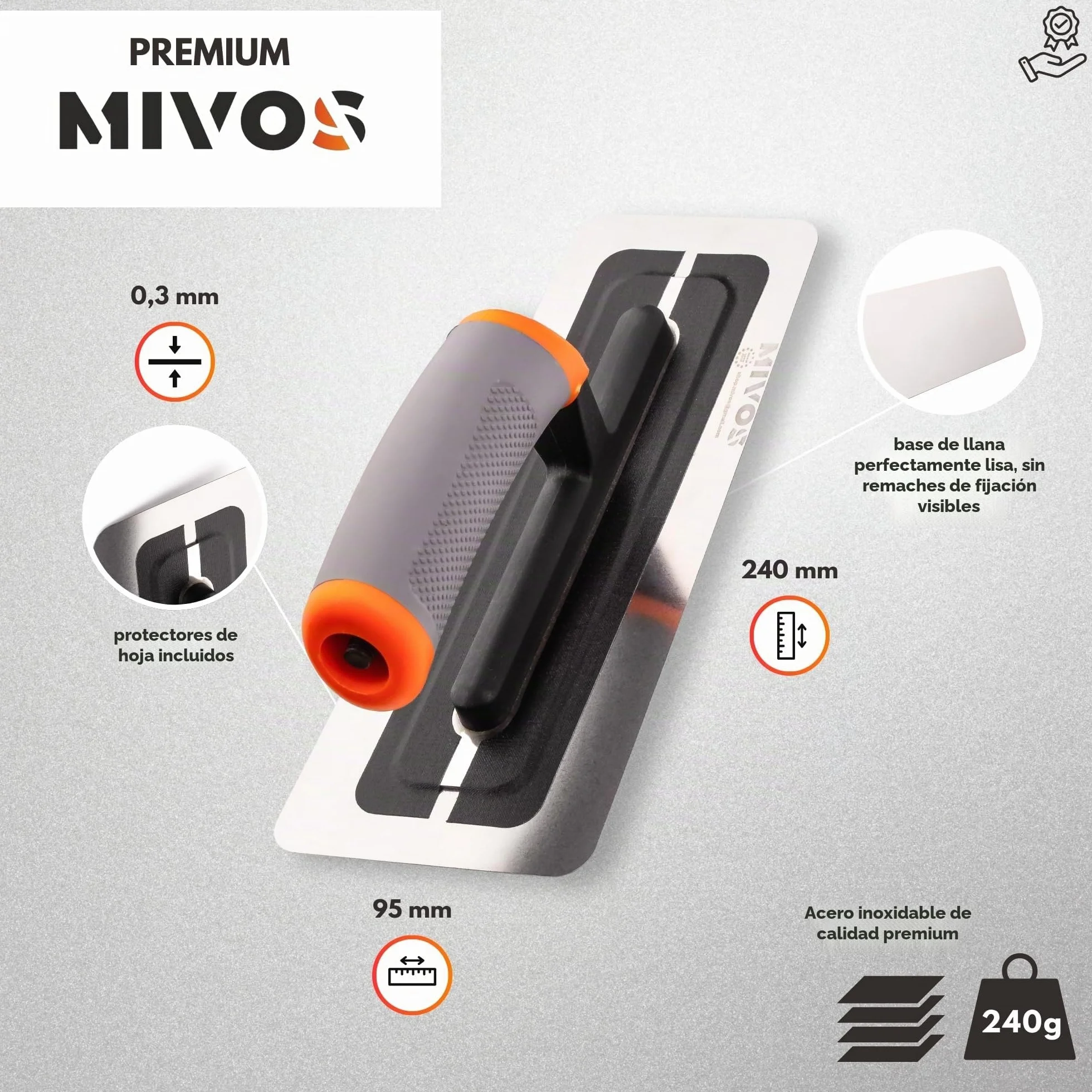 MIVOS llana alisadora de acero inoxidable 240mm - Premium - llana alisadora profesional de acero inoxidable con empuñadura blanda ergonómica - Llana alisadora MADE IN EU