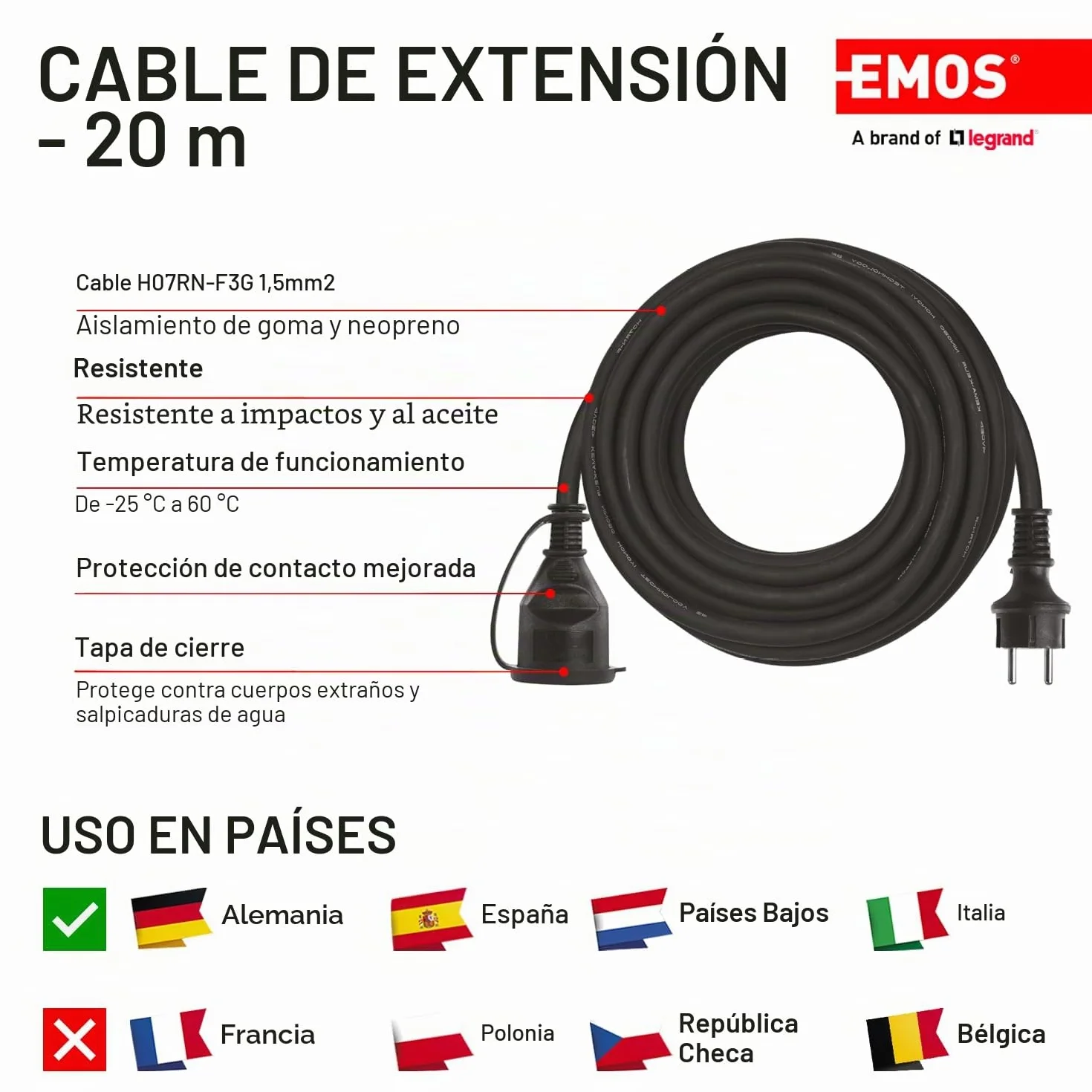 Emos E-008 P1820 Cable alargador Schuko H07RN-F3G 20m IP44 1,5 mm2