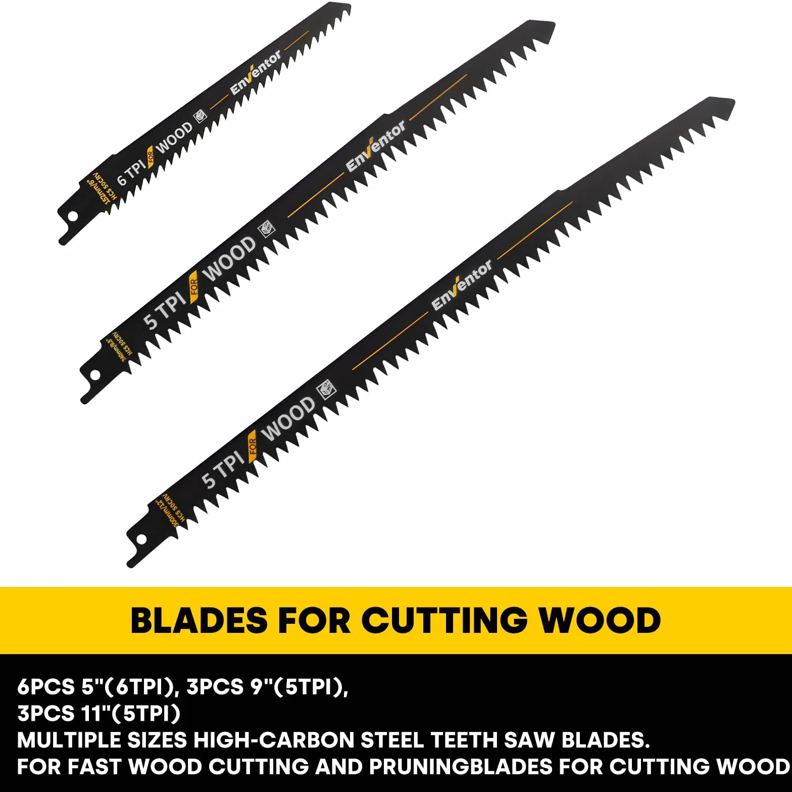 Enventor Set de 12 Piezas para Sierra Sable, Hojas de Corte Madera 152/240/300 mm 5TPI 6TPI HCS, Poda, Ramas, Madera Húmeda, Plástico PVC con Caja