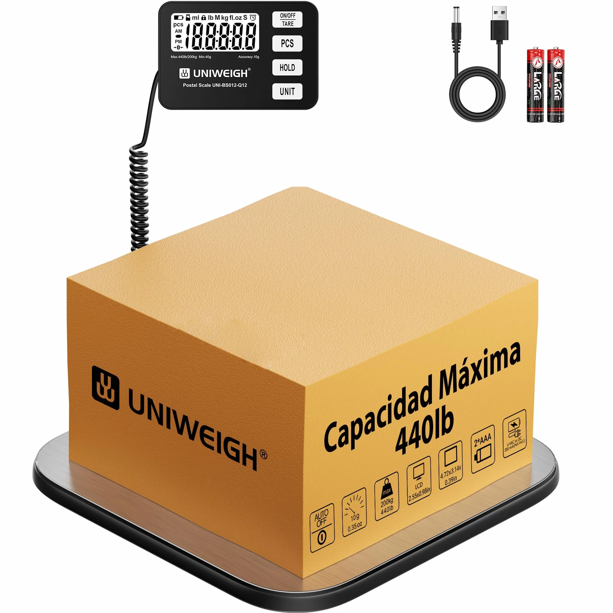 UNIWEIGH Báscula para paquetes 200 kg/10 g precisión digital con función PCS/retención/tara plataforma