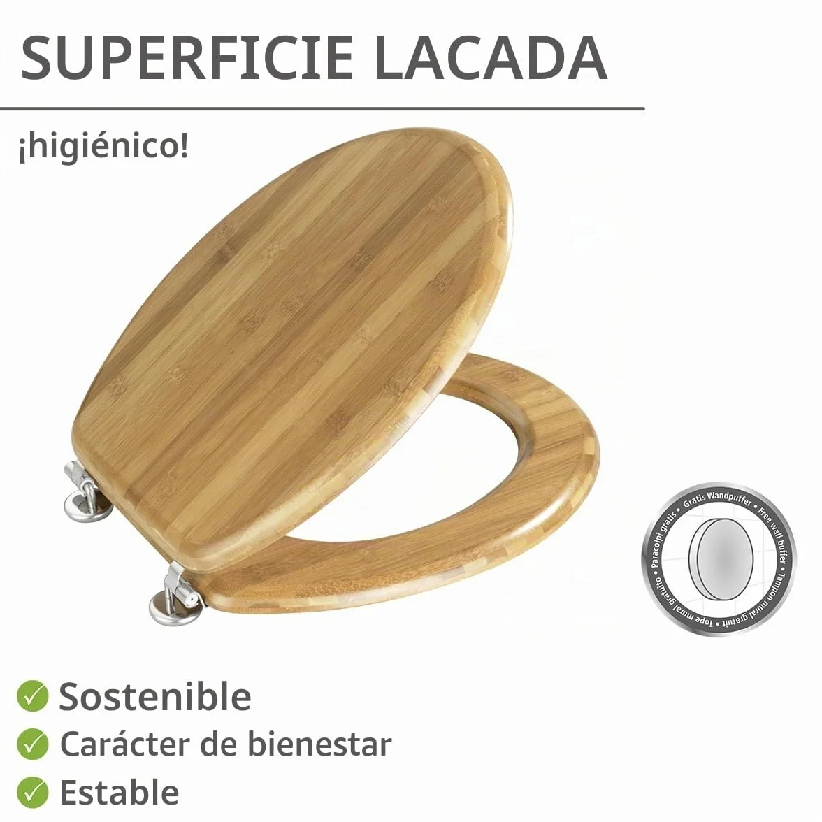 WENKO Tapa de WC Bambus - sujeción de metal- cromo, Bambú, 34.5 x 41.5 cm, Marrón oscuro