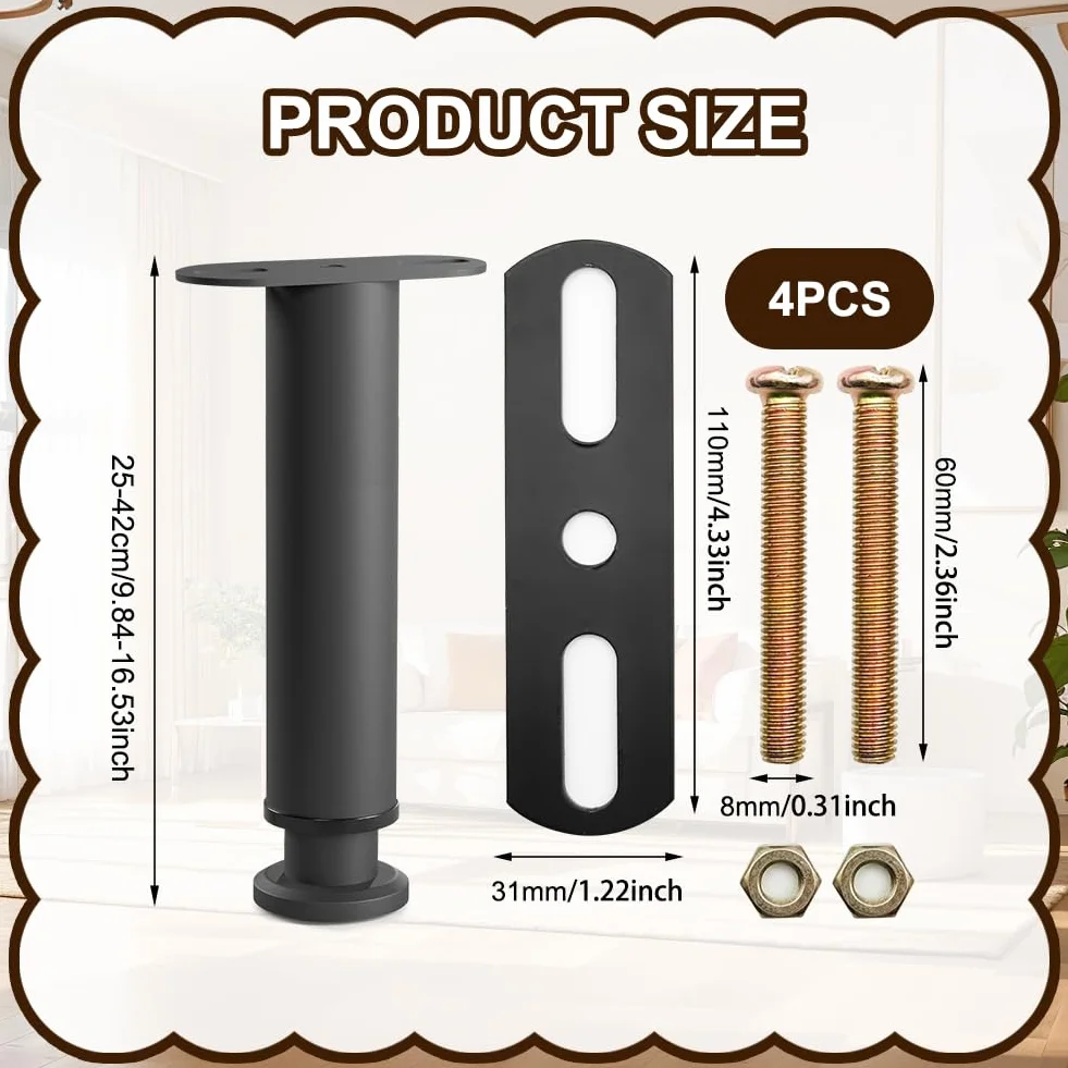 Patas para Muebles 4 Pcs Patas de Somier Regulables 25-42cm Altura Regulables Pata de Cama Ajustables de Metal, Soporte Pata para Marco Listones Centrales Cama Sofas Armarios Mesa Muebles de TV