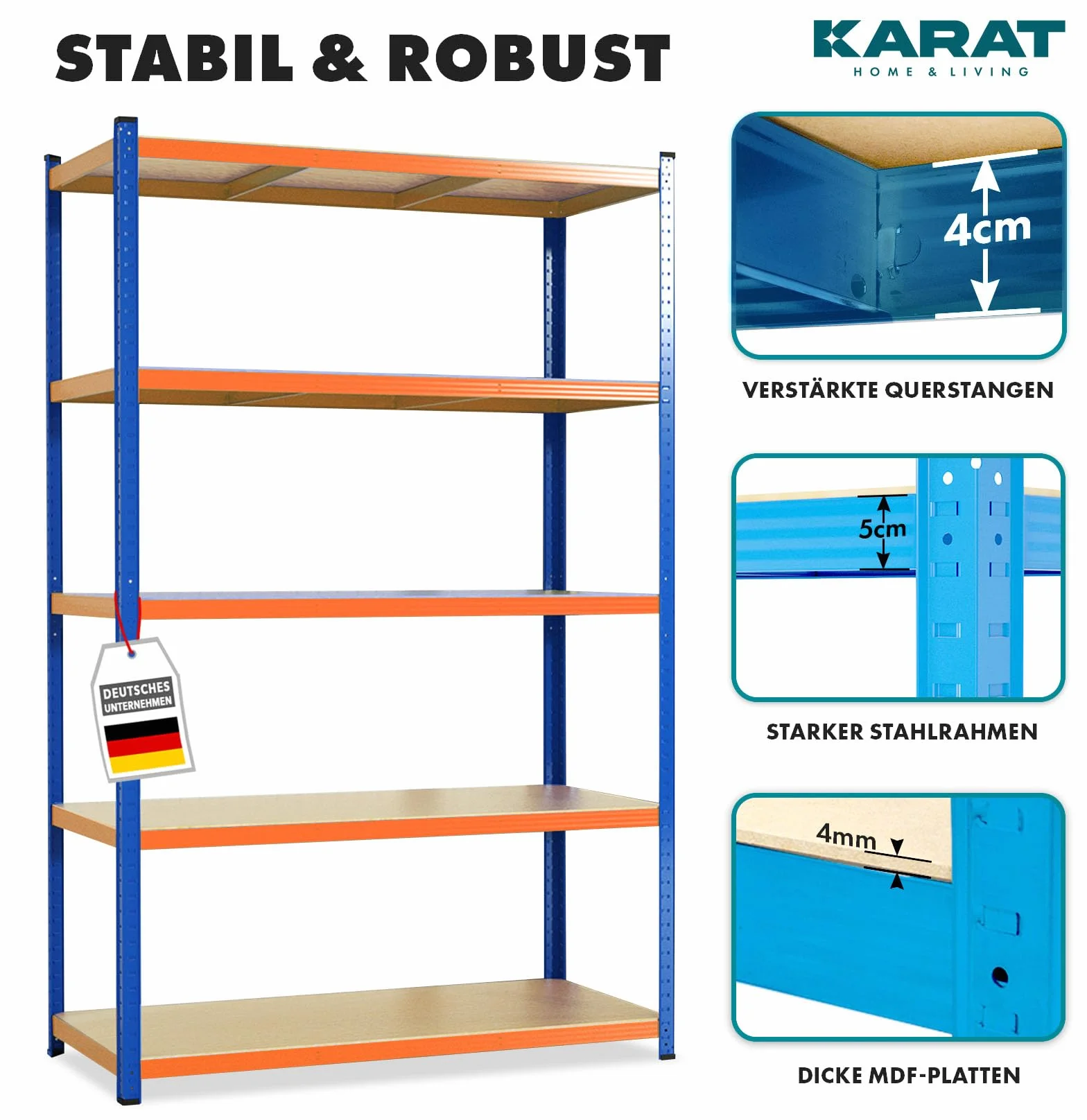KARAT Estantería de metal para cargas pesadas, 180 x 90 x 60 cm, 5 estantes ajustables (azul y naranja)
