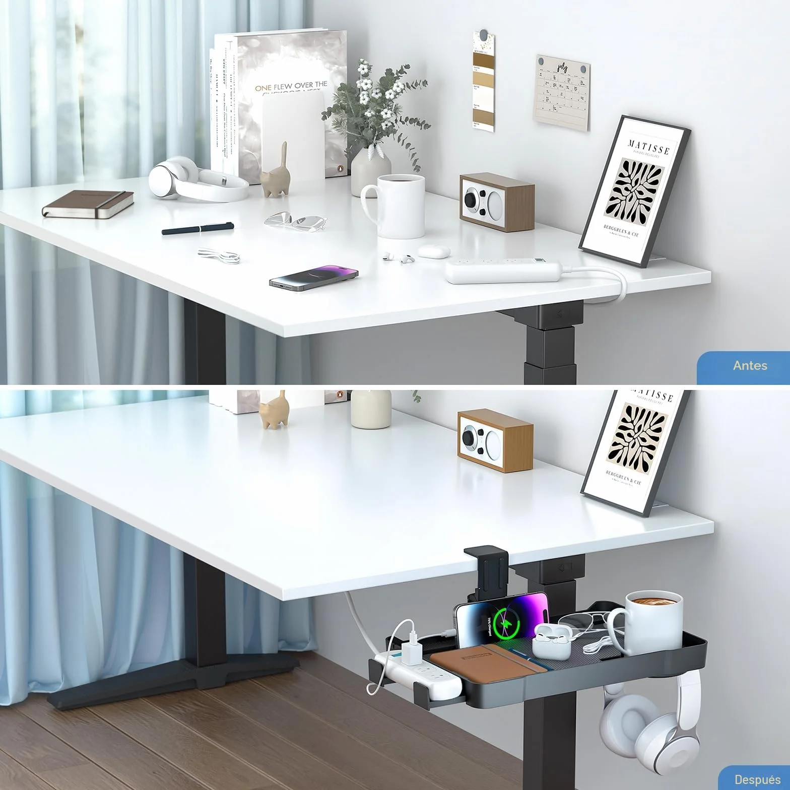 KDD Organizador Cajones Bajo Escritorio Oculto, Cajonera Giratoria 360° con Soporte Cascos Gaming y Portavasos