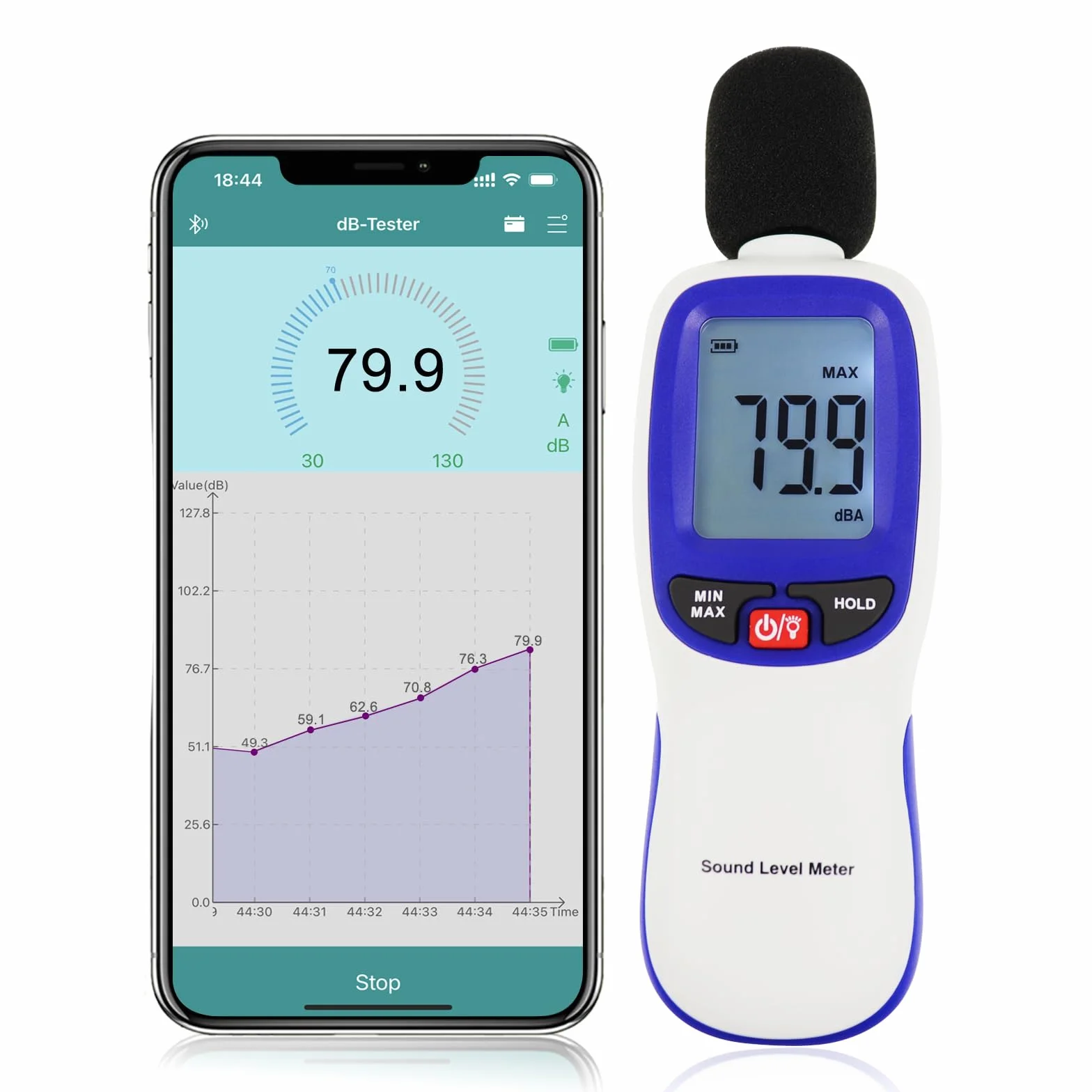 Medidor de decibelios inalámbrico Bluetooth 30~130dBA SPL de alta precisión portátil