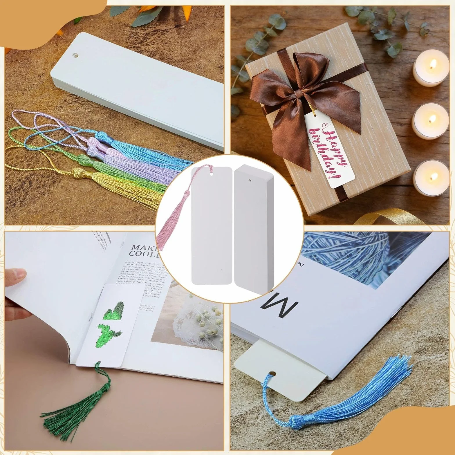 Marcapaginas Papel Personalizado 14x4.9 cm con Agujero Borlas 90 Piezas (Blanco)
