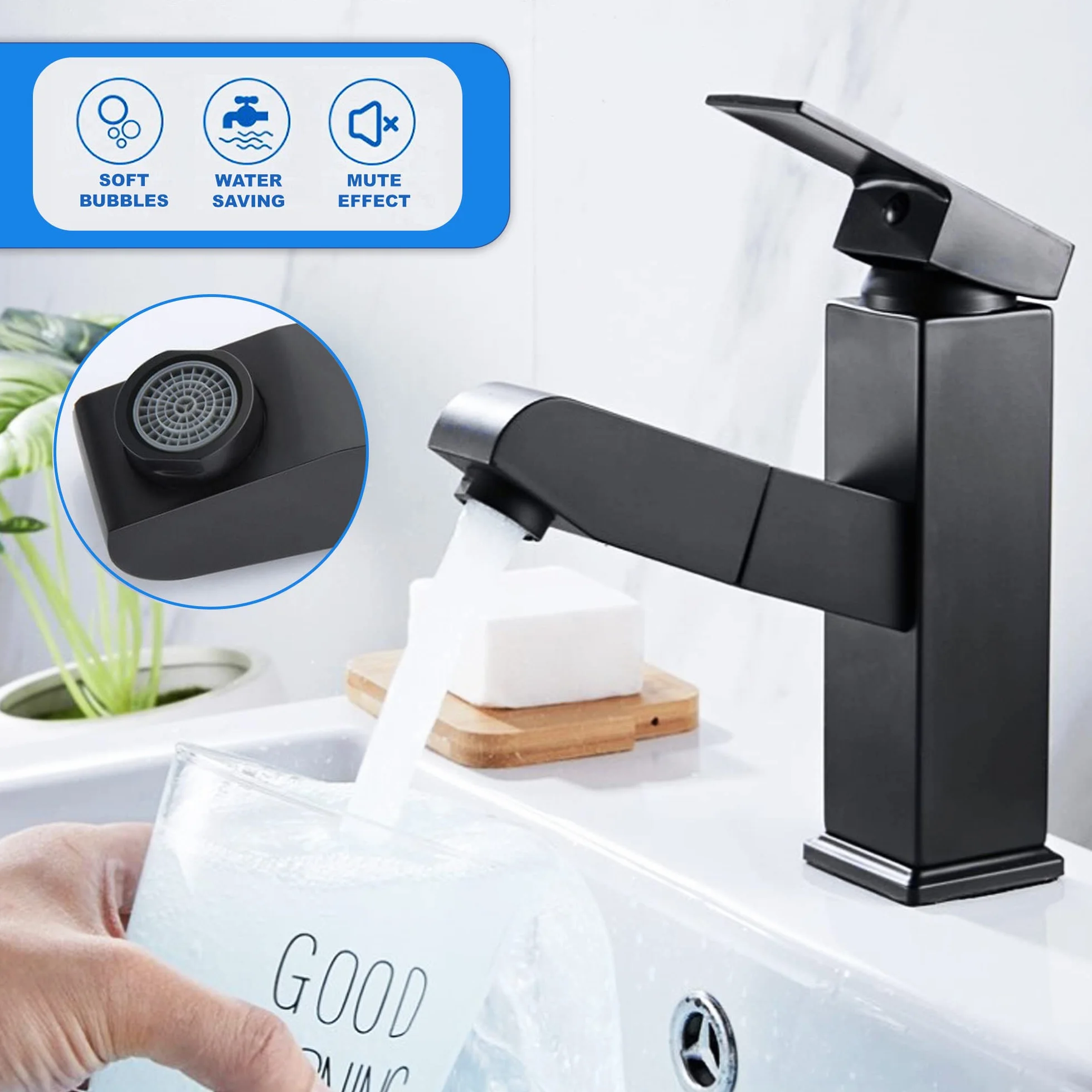 Grifo lavabo negro extraible extensible acero inoxidable monomando agua fria y caliente 2 mangueras incluidas grifo baño negro
