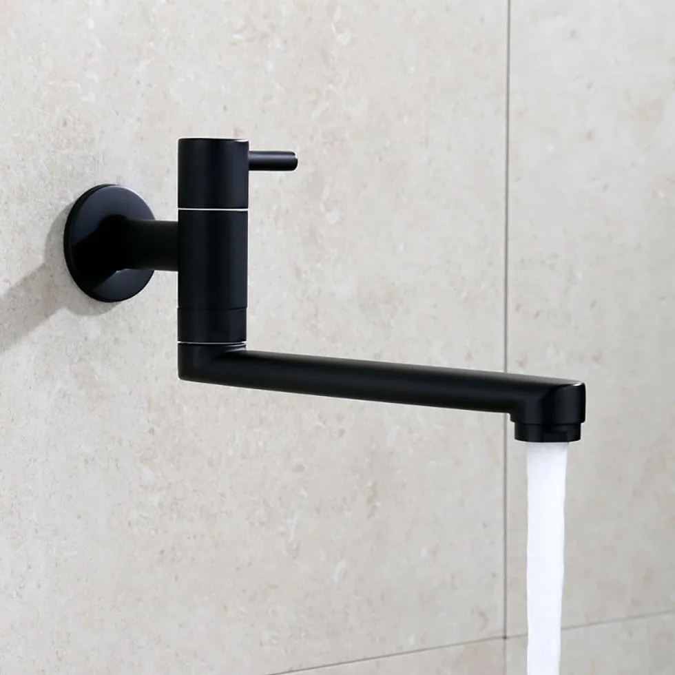 HomeLava Grifo de cocina para montaje en pared, solo agua fría, grifo de pared con caño giratorio 360, largo 18 cm, acero inoxidable negro